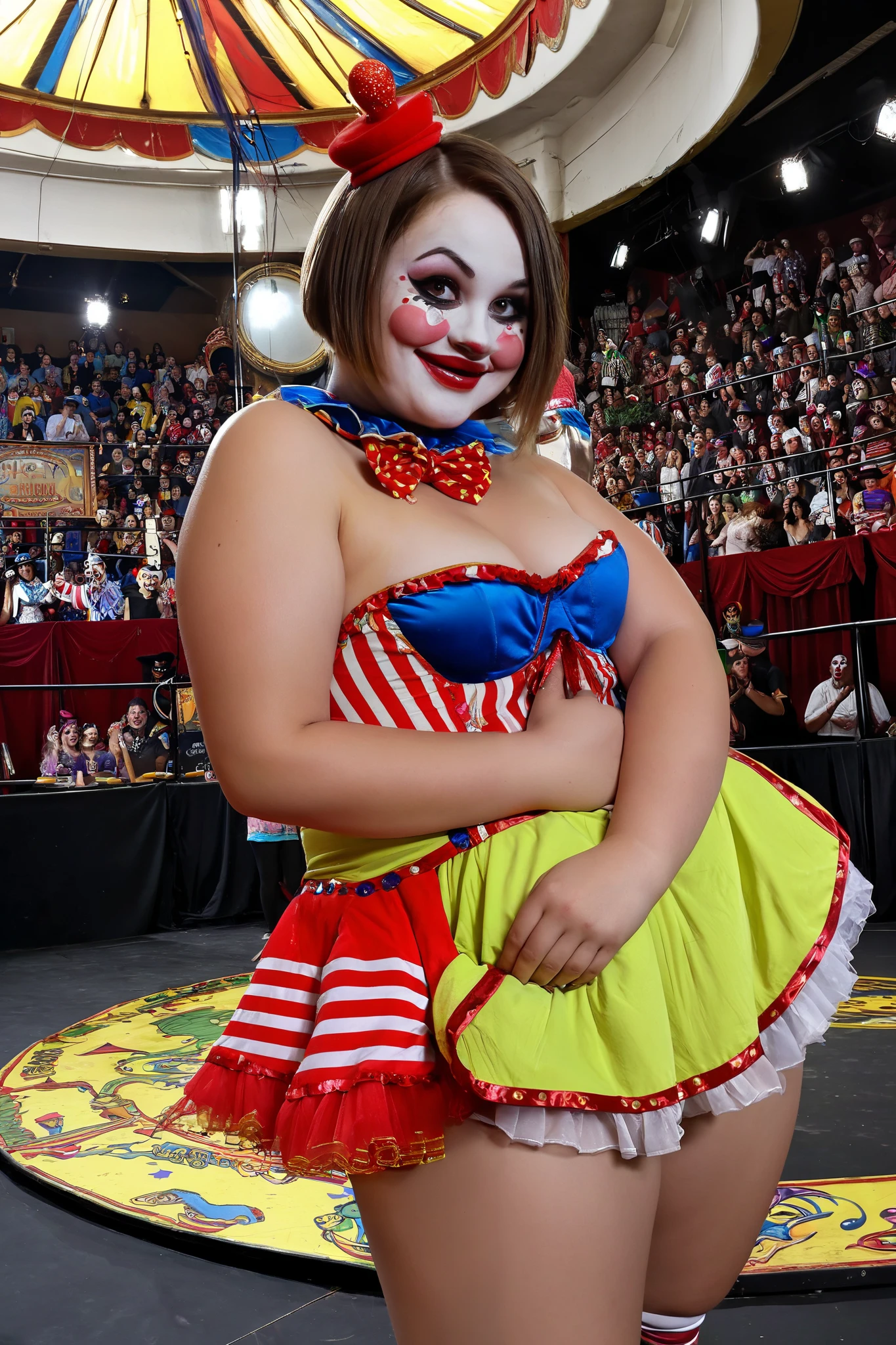 (enormous breasted) (Full body) (clowngirl), (bimbofication), Dollification, (Breast inflation) embarrassed, clown nose