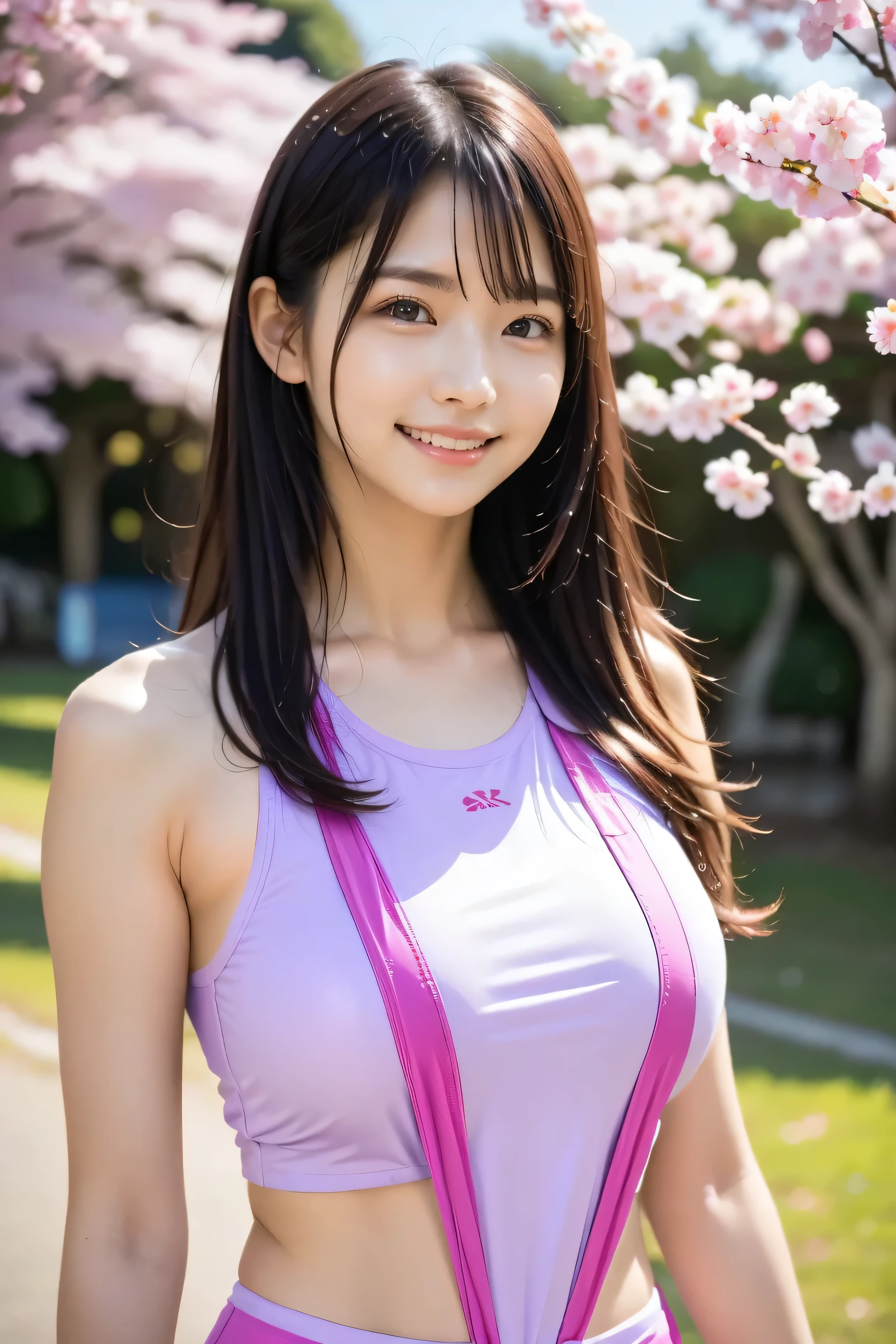 (8k, RAW photo,top quality, high resolution:1.1), (超realisticな:1.4),(realistic, realistic:1.3),Japanese beauty、Rhythmic Gymnastics Club、rhythmic gymnastics uniform、((upper body:1.3))、The background is a row of cherry blossom trees and a cherry blossom dance
