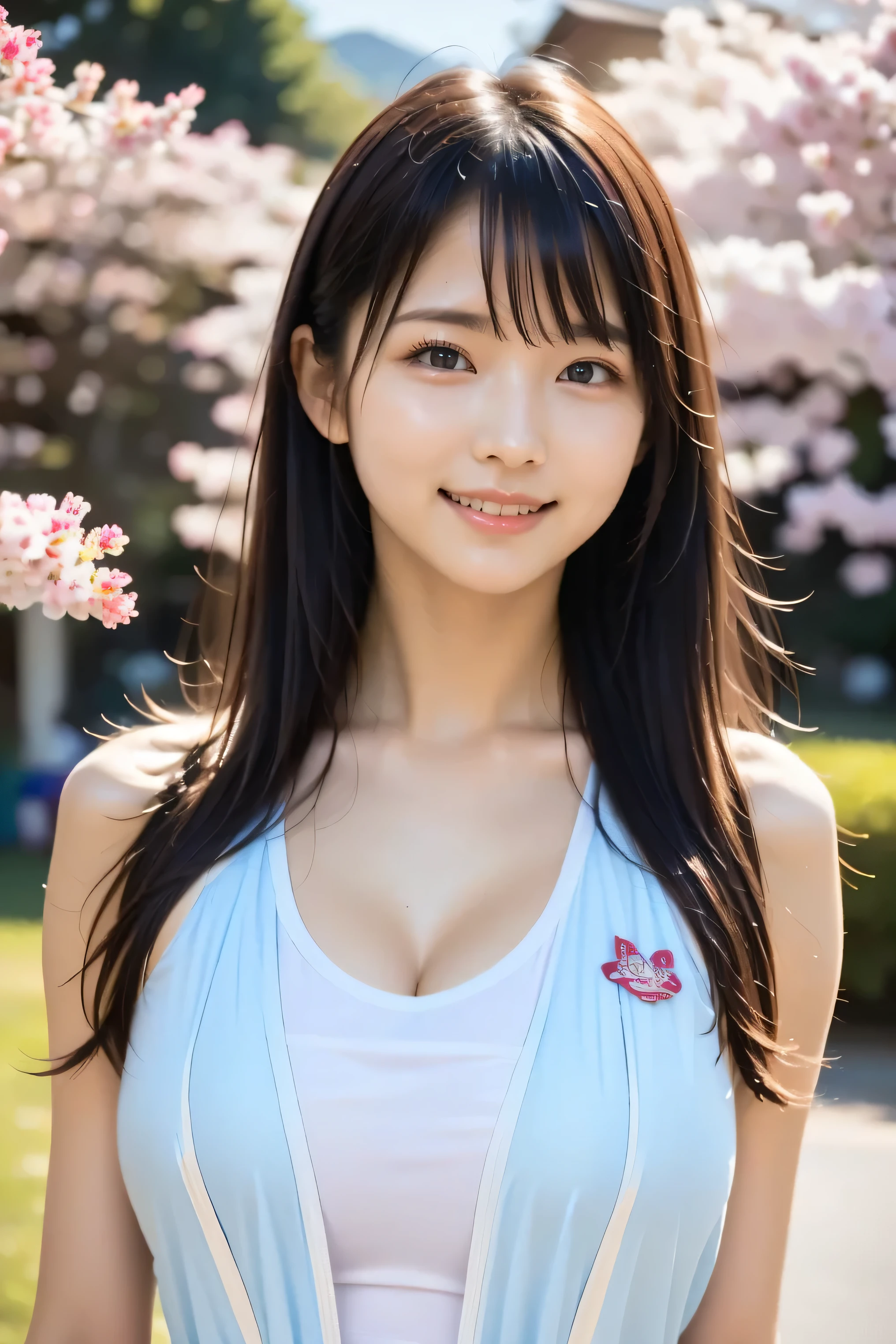 (8k, RAW photo,top quality, high resolution:1.1), (超realisticな:1.4),(realistic, realistic:1.3),Japanese beauty、Rhythmic Gymnastics Club、rhythmic gymnastics uniform、((upper body:1.3))、The background is a row of cherry blossom trees and a cherry blossom dance