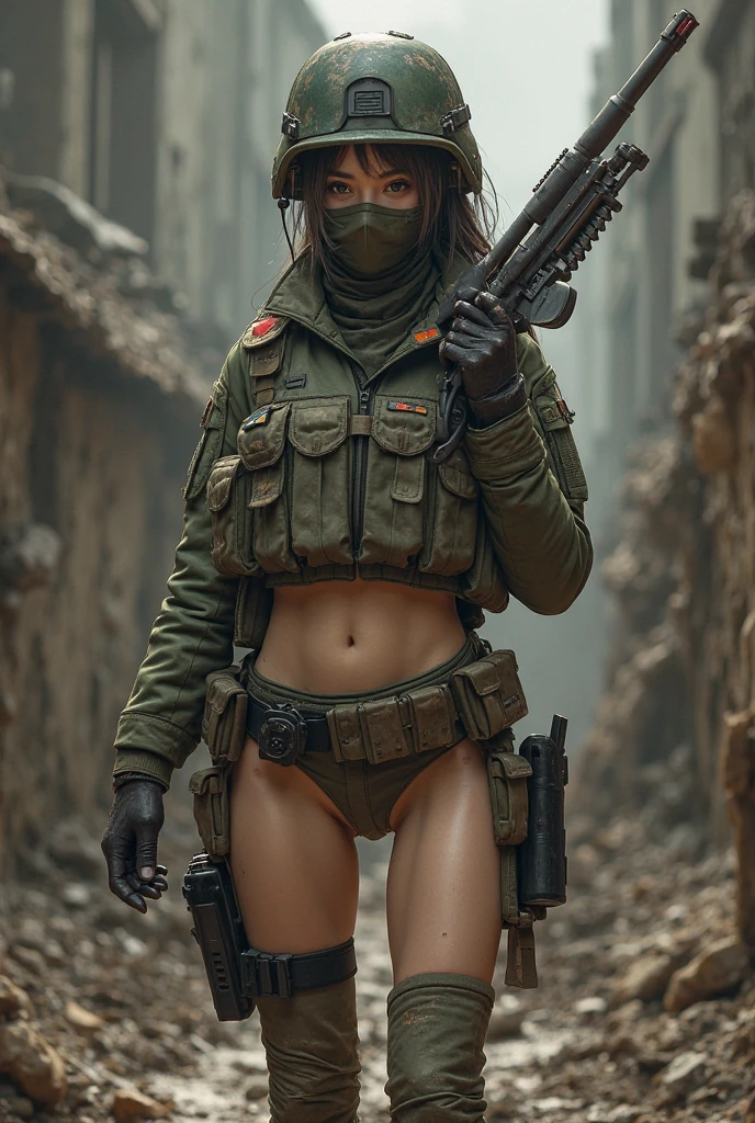 unreal engine:1.4,Super realistic K CG, From photoreal:1.4, skin texture:1.4, bikini girls top 1 ,Japanese, , gatling gun, shell casing, looking at the viewer, bangs, ammunition belt, gloves,saggy breasts,firing,in the photo, A beautiful girl with short black hair wearing a bikini appears..,The delicate features、,wear bikini metal,standing on the ruins,Actions of a woman holding a heavy sniper rifle,cle beige dress, army chain,warjet dslr camera background, f/2.8, 5D, 16K, super resolution . realistic style, Key Visual, lively,, usually means, realistic, Camouflage, soldier, Striped camouflage makeup is applied to the face at a 45 degree angle., tough broad,