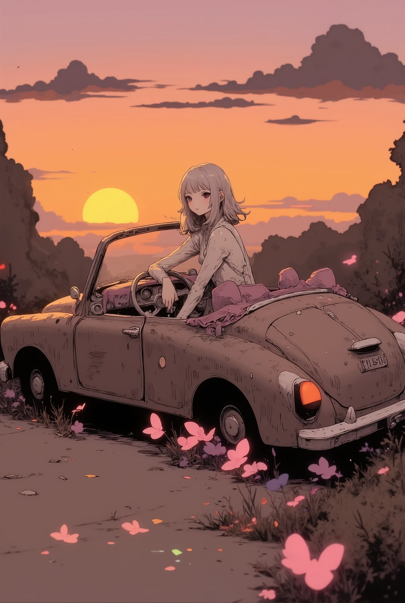 (((dramatic angle))), high resolution model, high detail, (((soft texture))), (((matte, toy-like handmade luxury))), (((Tim Burton style))) Cartoon style, simple lines, (complex details:1.1)), (Beautiful woman driving convertible), She's in the driver's seat, soft silver medium length hair, one hand on steering wheel, (((two arms, five fingers))), movement, (running in wind)), (background: sunset), ((motion blur)),