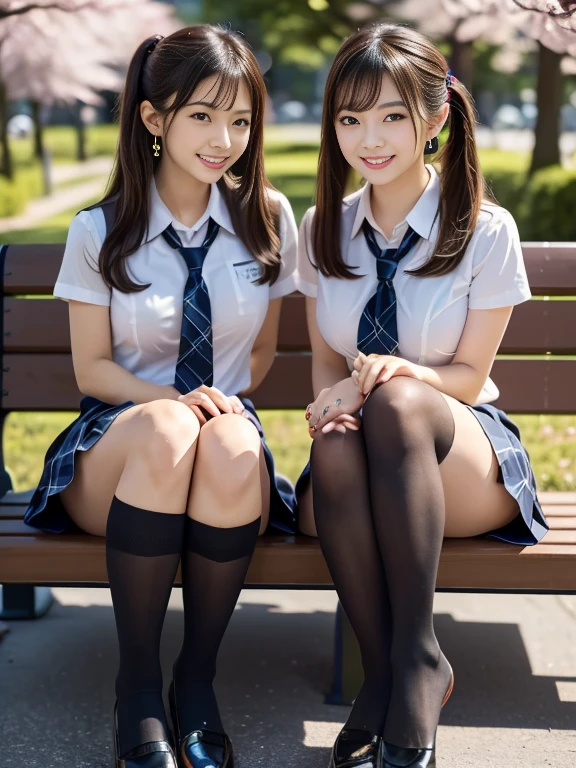 (Two women sitting on a park bench、company employee、OL,Japanese、27 years old:1.3),Eating a boxed lunch、(The woman on the left is wearing black tights.,Lightweight tights、Wearing a skirt、20 denier、Sitting with legs crossed、Long legs、Beautiful legs:1.3),(The woman on the right has bare legs.、Not wearing tights、Panty shot、Wearing a skirt、With legs apart、Panties are visible:1.7),smile、smile、(Nurse uniform),Wearing a dress、(Anatomically correct:1.3)
