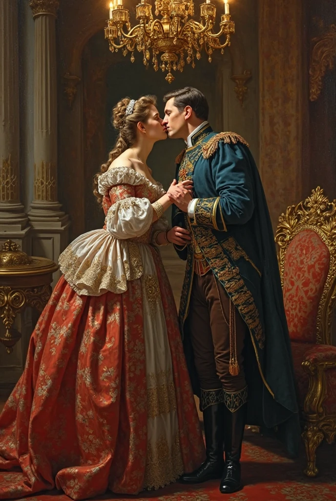 Napoleon Bonaparte and Josephine in a romantic setting, both dressed in 18th-century attire, looking passionate and close to each other, detailed and intimate scene.