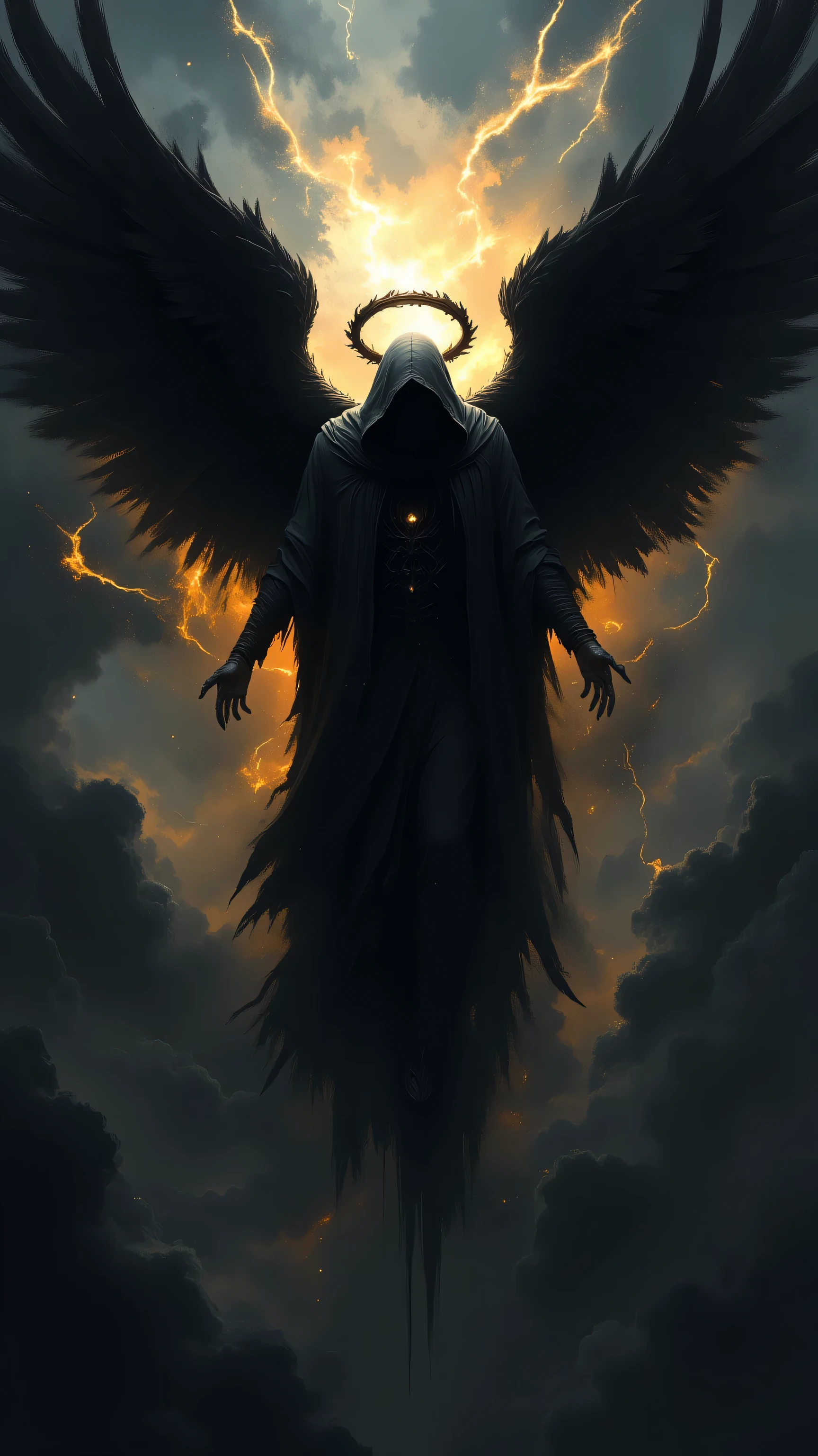 8k, Masterpiece, Top Quality, Low angle, hooded, dark robe, wings, halo, floating, descending, somber, mysterious, ominous, dark, moody, black, gray, blue, orange, yellow, abstract, celestial, painterly, textured.