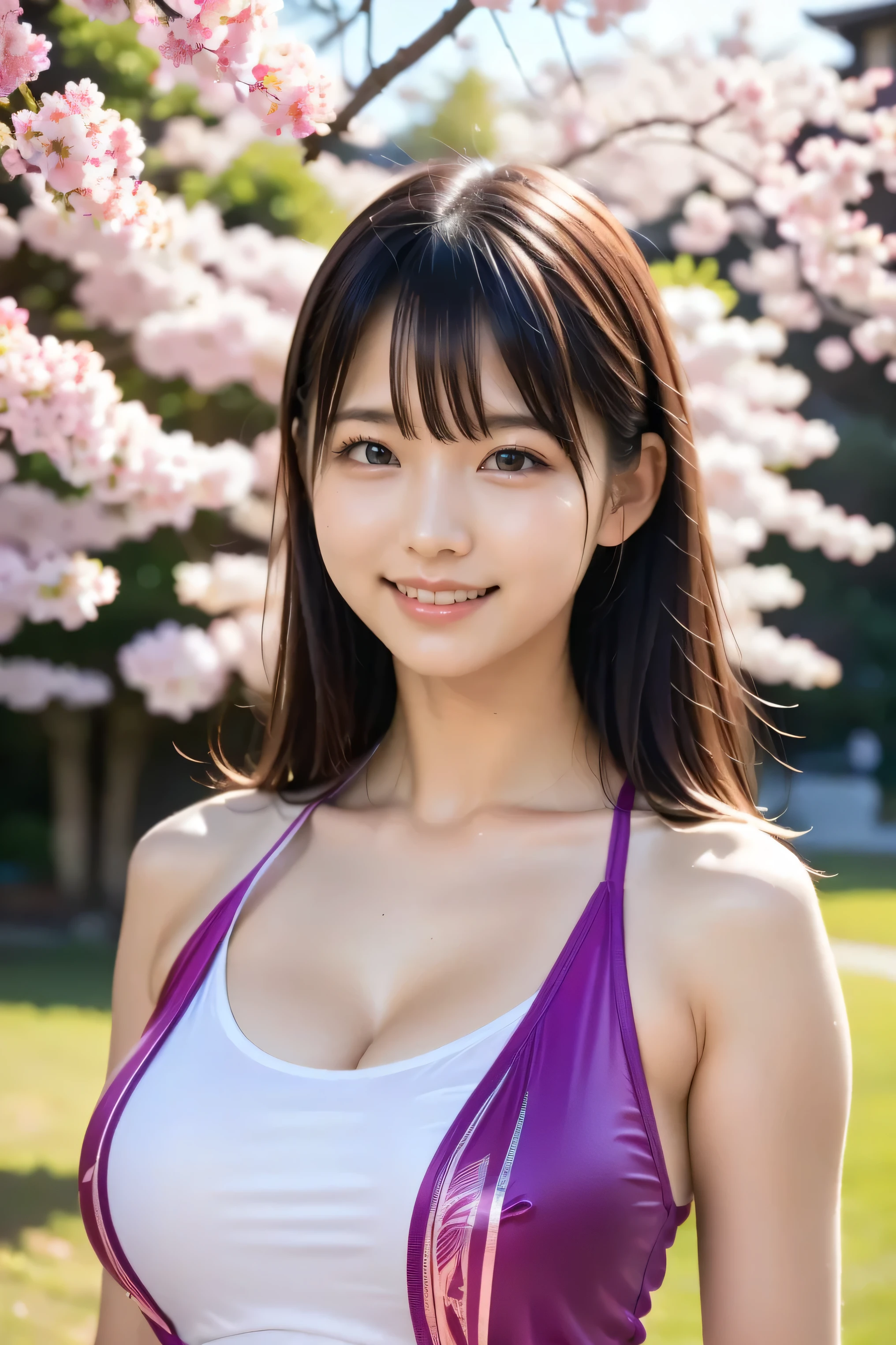 (8k, RAW photo,top quality, high resolution:1.1), (超realisticな:1.4),(realistic, realistic:1.3),Japanese beauty、Rhythmic Gymnastics Club、rhythmic gymnastics uniform、((upper body:1.3))、The background is a row of cherry blossom trees and a cherry blossom dance