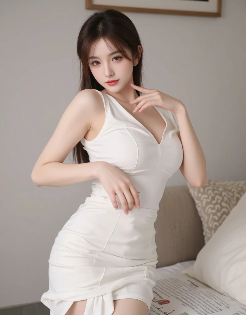 close-up of beautiful Chinese, Vera Lu is a Chinese actress and model, age 25 years old girl, youthful face, white skin body, perfect body, very long hair, black hair, straight hair, bust size 36 inches, wearing a tight plain standard white sleeved bodycon mini dress, Lu holding breasts with her own two hands is very sexy and sigh, Lu squeezes the breasts very seductively, Lu lowered her dress a little bit, sexy looking pose, pose a naughty look, at a boyfriend house, boyfriend house background, UHD