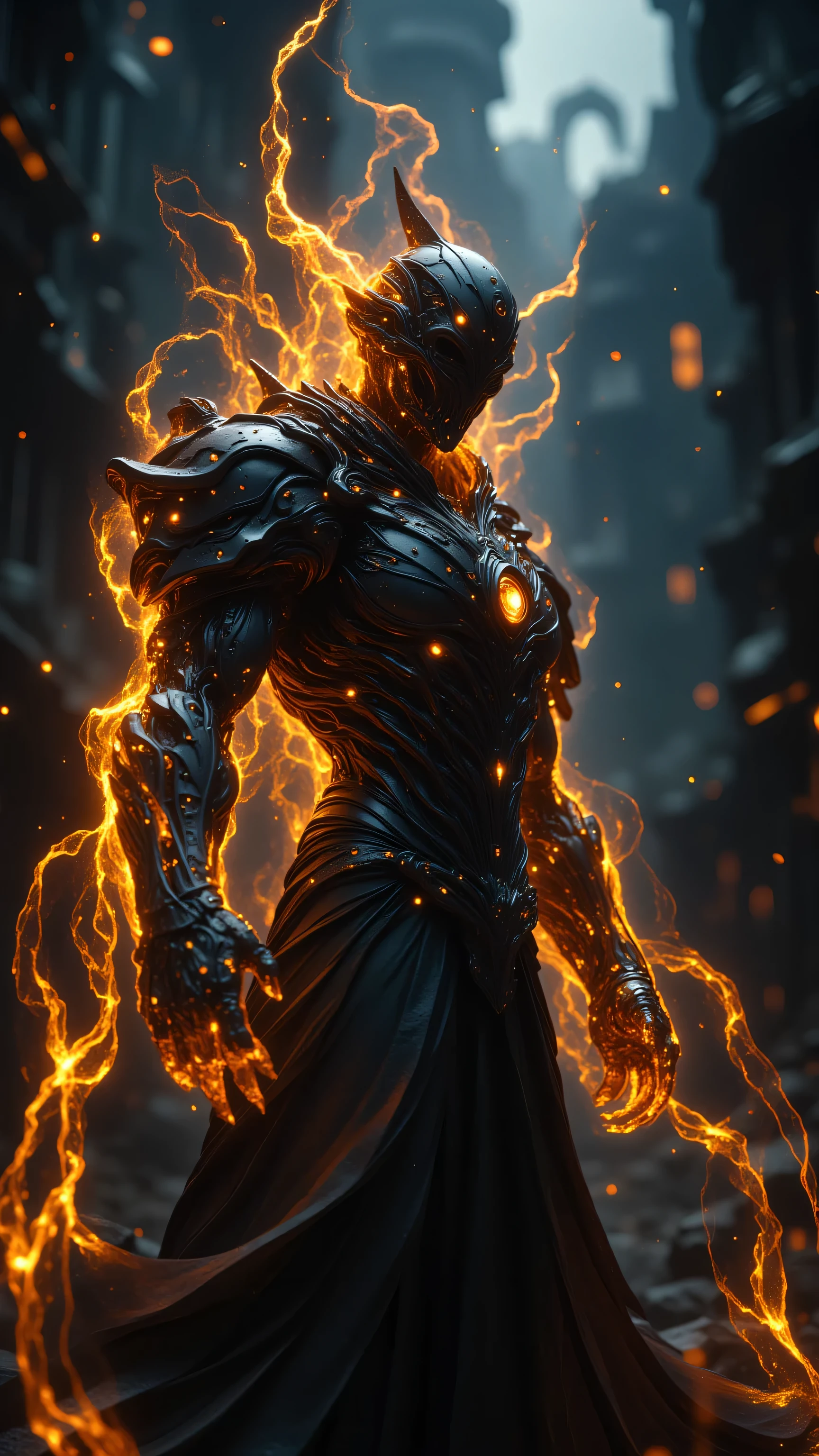 8k, Masterpiece, Top Quality, Low-angle, humanoid, robotic, metallic, organic, glowing, energy, helmet-like, smooth, featureless, gold, orange, flowing, plasma, aura, dark, moody, blues, blacks, grays, warmer, blurry, indistinct, depth, atmosphere, dramatic, sharp, intricate, texture, swirling, cinematic, science fiction, fantasy, technology, nature, powerful, regal, outstretched, power, control, surreal, visually arresting, composition.