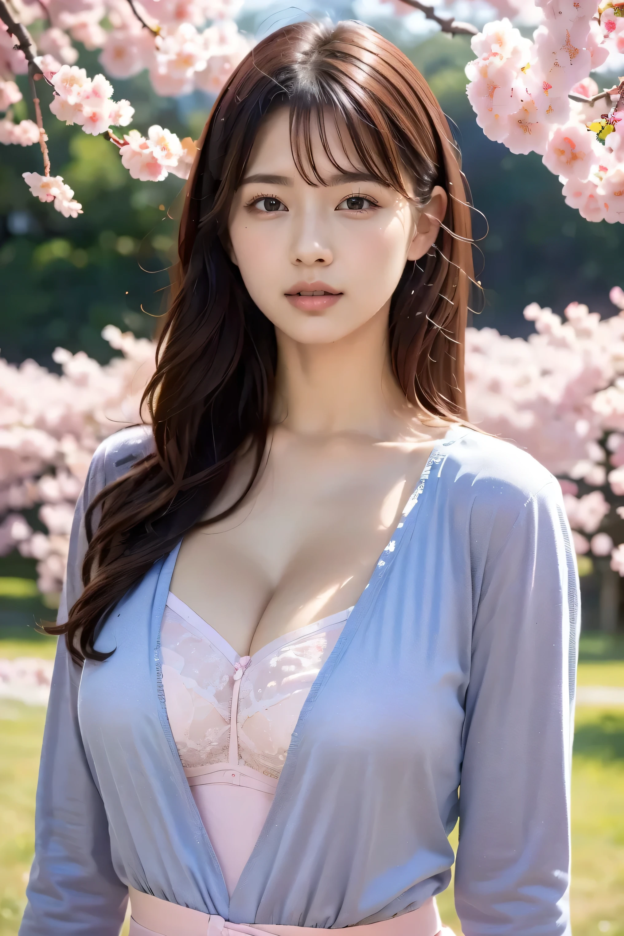 Best quality, 4K,8K,Realistic, Photorealistic, extremely detaile, An extremely delicate and beautiful, Photo, Japanese and Korean beauties,South Korean beauties,Wear JK, mini-skirts,Large breasts,perfect boobs,(Beautiful detailed eyes,beautiful detailed lips,Extremely detailed eyes and face,long eyelasher), Beautiful hair, joyful expressions, Surrounded by cherry blossom trees, Kawaii style, In a picturesque garden full of sunshine. The artwork is of the best quality, With ultra-detailed features and realistic, Realistic touch. vibrant with colors,The lighting creates a warm atmosphere, Dreamy atmosphere.