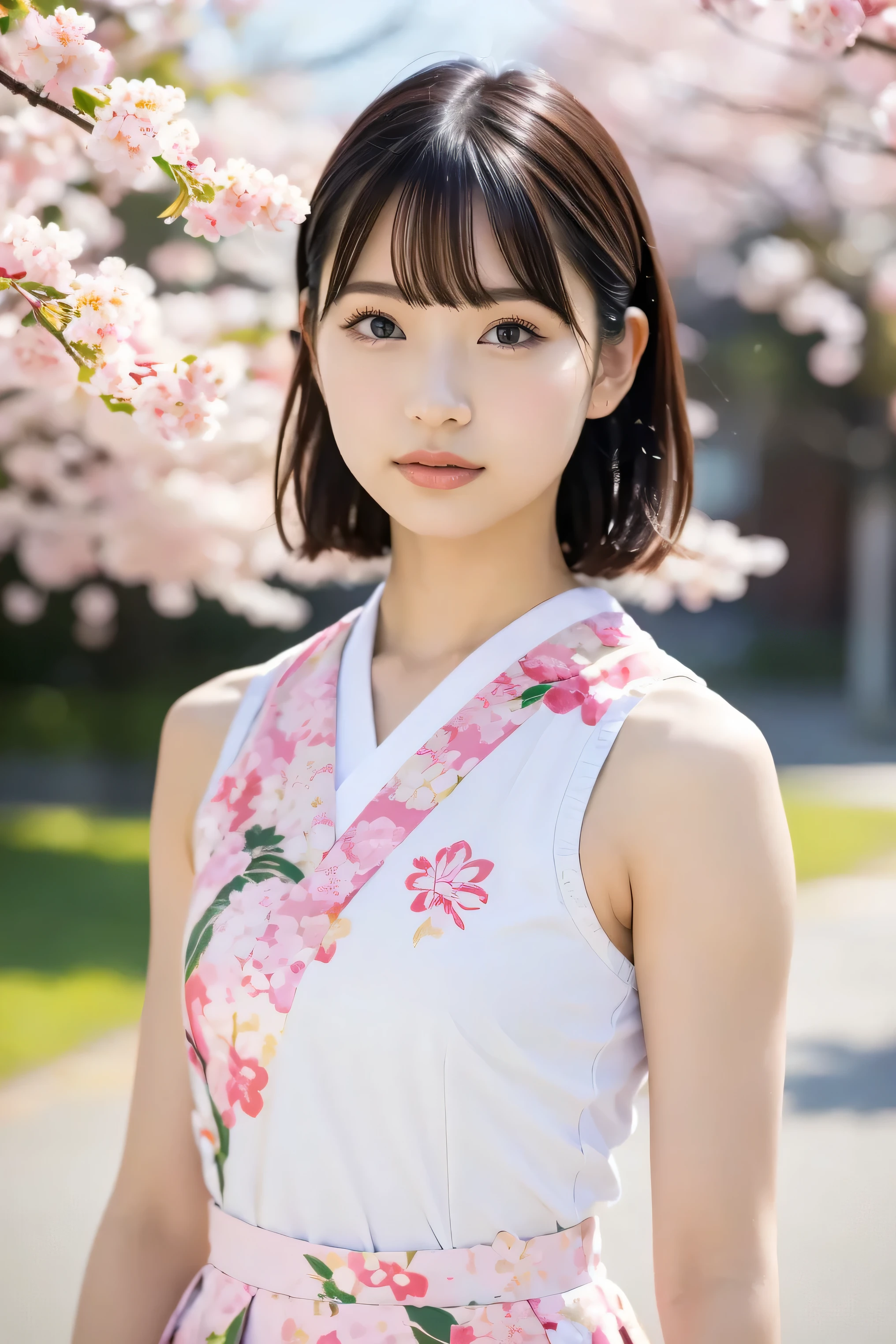 (8k, RAW photo,top quality, high resolution:1.1), (超realisticな:1.4),(realistic, realistic:1.3),Japanese beauty、Rhythmic Gymnastics Club、rhythmic gymnastics uniform、((upper body:1.3))、The background is a row of cherry blossom trees and a cherry blossom dance