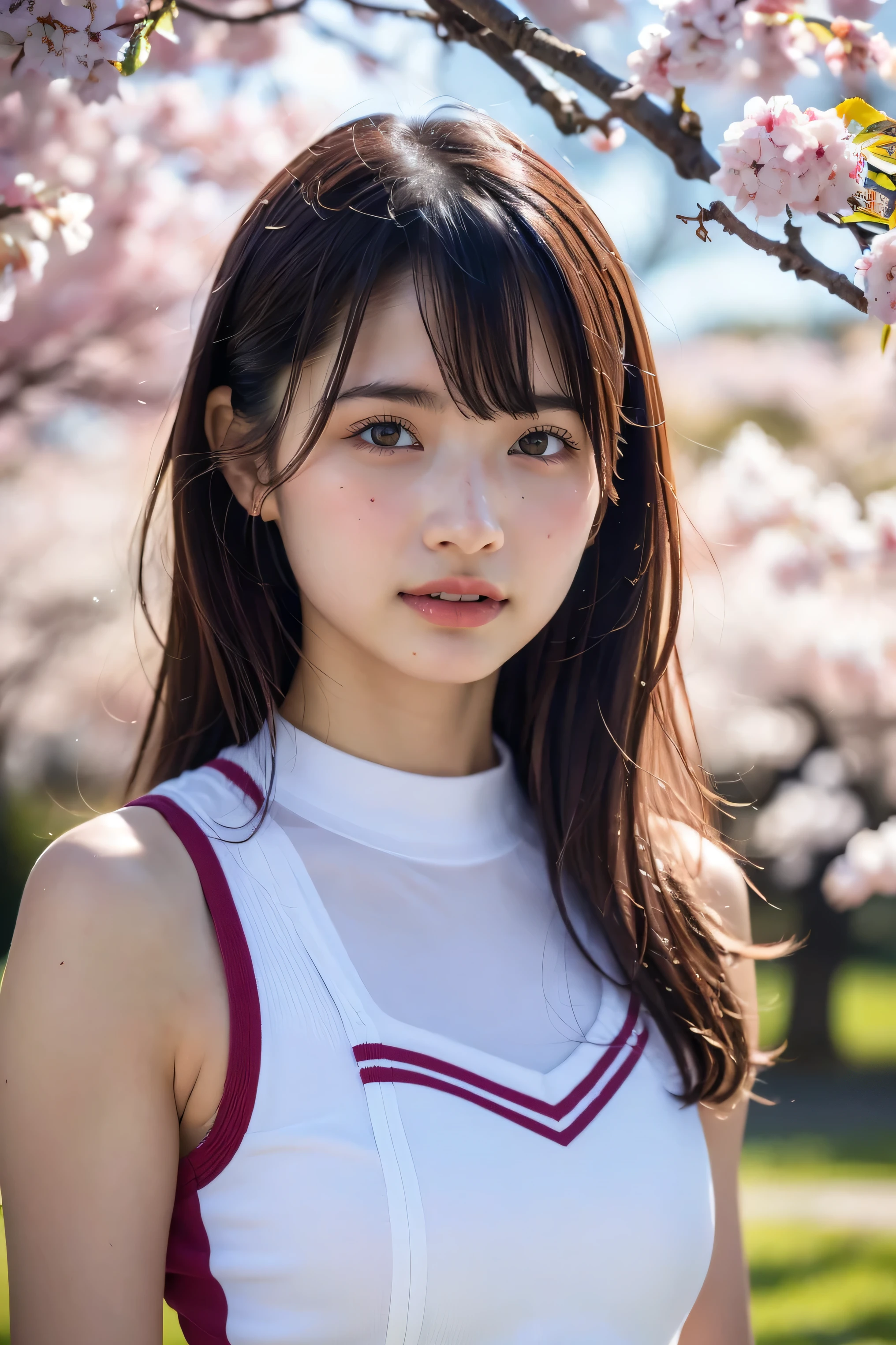 (8k, RAW photo,top quality, high resolution:1.1), (超realisticな:1.4),(realistic, realistic:1.3),Japanese beauty、Rhythmic Gymnastics Club、rhythmic gymnastics uniform、((upper body:1.3))、The background is a row of cherry blossom trees and a cherry blossom dance