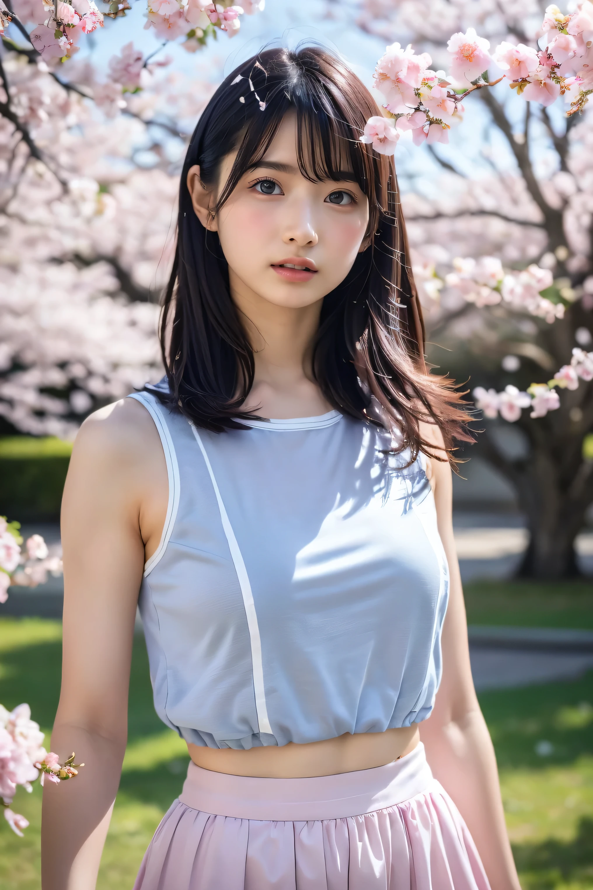 (8k, RAW photo,top quality, high resolution:1.1), (超realisticな:1.4),(realistic, realistic:1.3),Japanese beauty、Rhythmic Gymnastics Club、rhythmic gymnastics uniform、((upper body:1.3))、The background is a row of cherry blossom trees and a cherry blossom dance