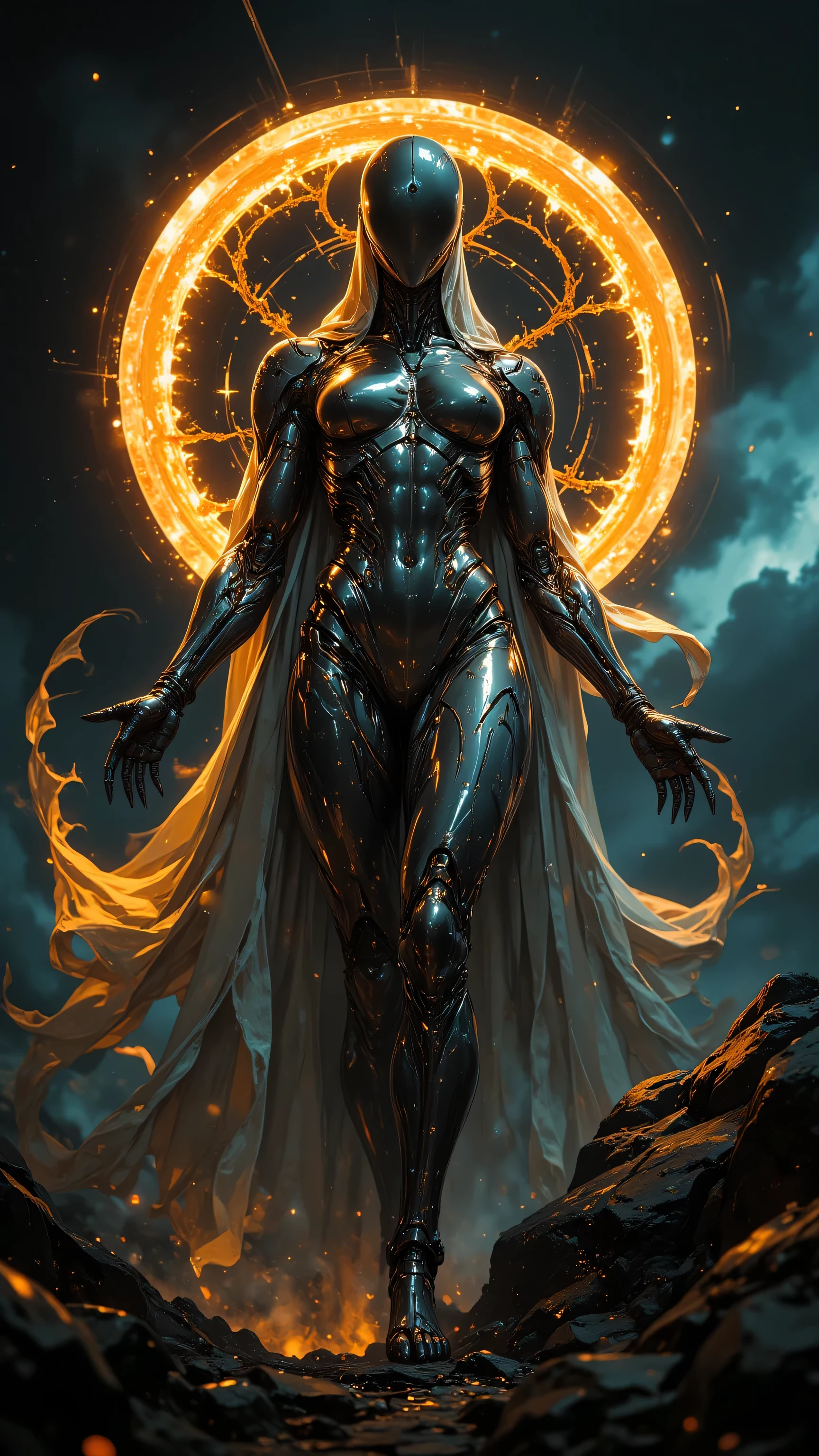 A woman in a black suit with a glowing halo around her - SeaArt AI