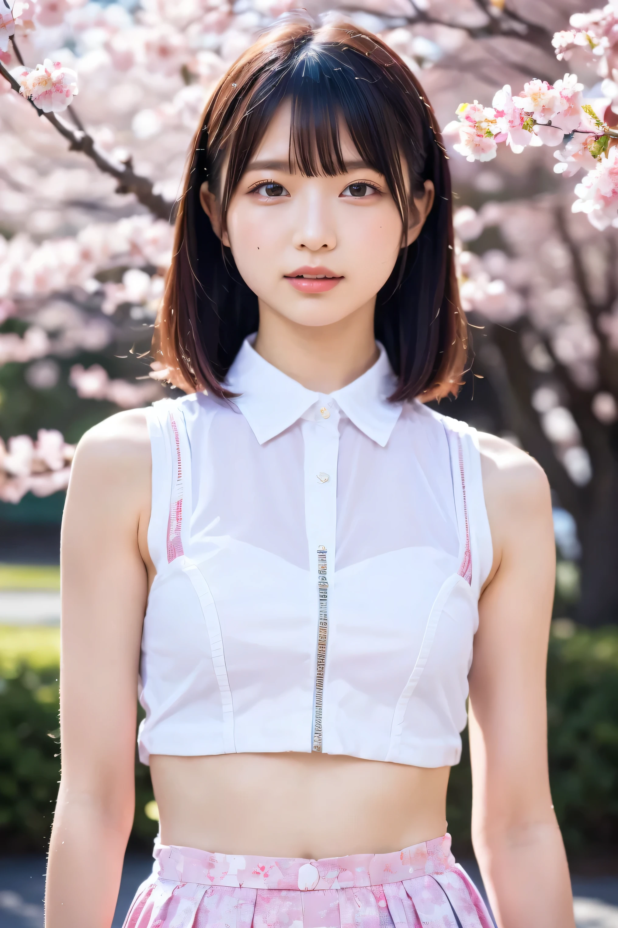 (8k, RAW photo,top quality, high resolution:1.1), (超realisticな:1.4),(realistic, realistic:1.3),Japanese beauty、Rhythmic Gymnastics Club、rhythmic gymnastics uniform、((upper body:1.3))、The background is a row of cherry blossom trees and a cherry blossom dance