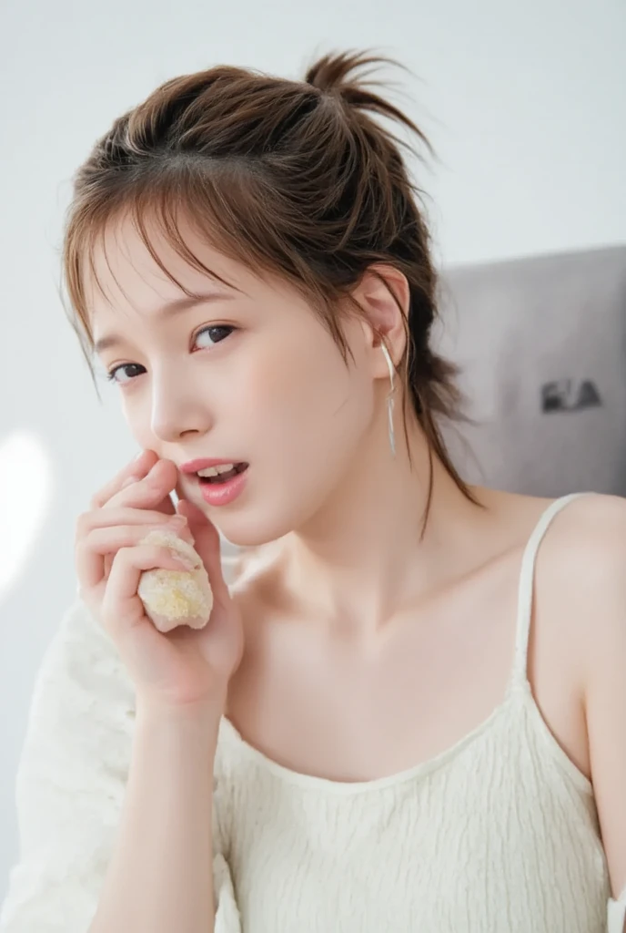 (8K),(Best Quality: 1.2),(Realistic),(Realistic: 1.37),Ultra High Resolution,(Single Woman),Image of a woman eating a banana for breakfast, pretty, smiling, mouth closed, thick lips, red lips, beautiful details, beautiful nose,(Bob Hair),,Selfie, From above, close-up of face, thin necklace,(Medium Shot: 1.2),She is wearing a floral lace bra.(Random Color Bra),(Big Breasts),Sexy pose, The soft lighting and background decorated with large pastel colored bananas create a dreamy and elegant atmosphere.