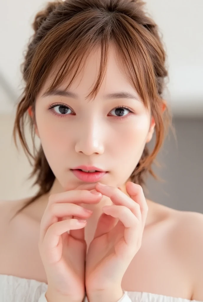 8K,Professional Lighting ,Aerial perspective ,超A high resolution ,(photographrealistic: 1.3) ,kawaii , (tits out:1.1) ,vivid flowers ,plain white bra,Detailed face ,bob cuts ,(((Asymmetry))) ,