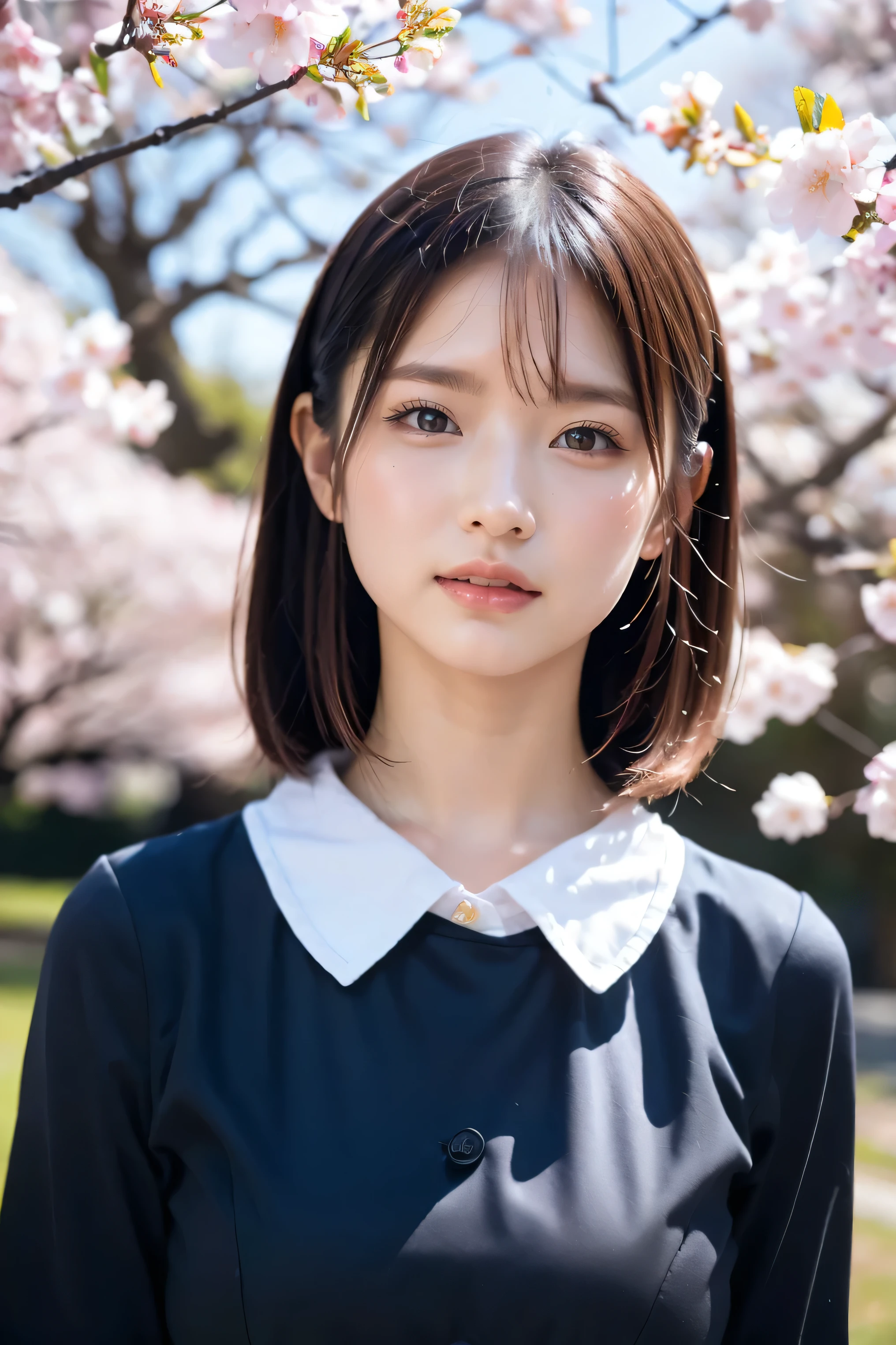 (8k, RAW photo,top quality, high resolution:1.1), (超realisticな:1.4),(realistic, realistic:1.3),Japanese beauty、Rhythmic Gymnastics Club、rhythmic gymnastics uniform、((upper body:1.3))、The background is a row of cherry blossom trees and a cherry blossom dance