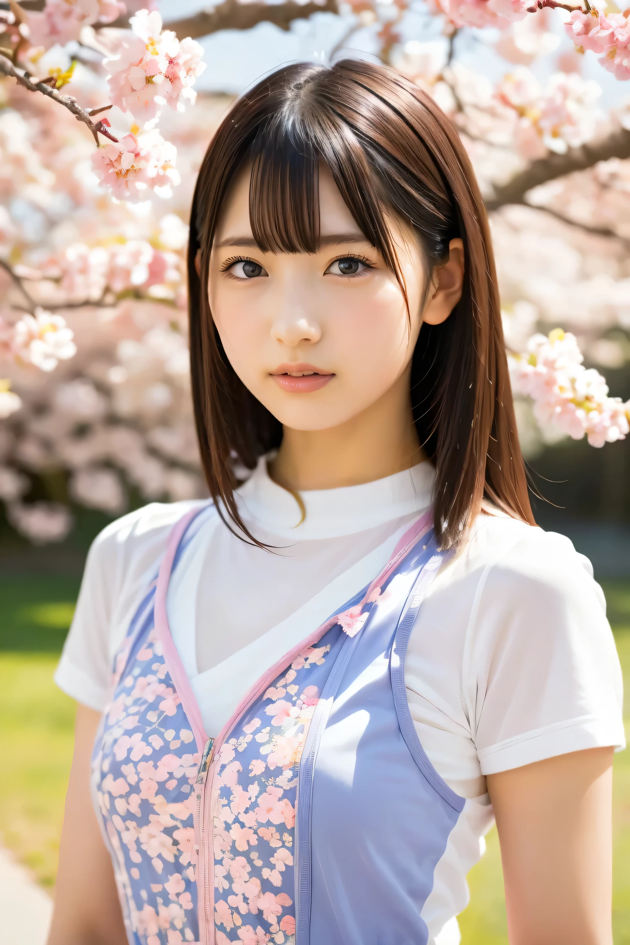 (8k, RAW photo,top quality, high resolution:1.1), (超realisticな:1.4),(realistic, realistic:1.3),Japanese beauty、Rhythmic Gymnastics Club、rhythmic gymnastics uniform、((upper body:1.3))、The background is a row of cherry blossom trees and a cherry blossom dance