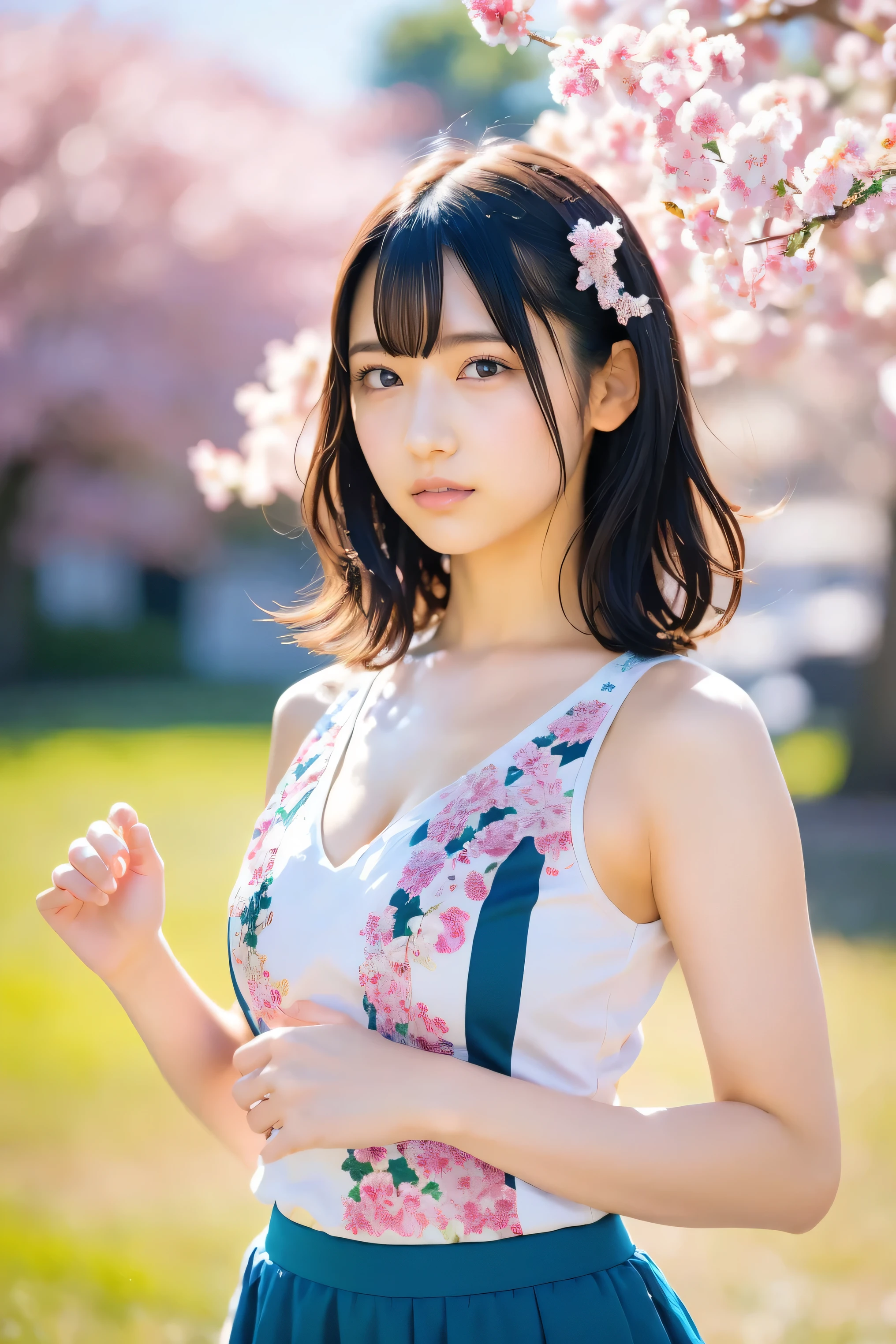(8k, RAW photo,top quality, high resolution:1.1), (超realisticな:1.4),(realistic, realistic:1.3),Japanese beauty、Rhythmic Gymnastics Club、rhythmic gymnastics uniform、((upper body:1.3))、The background is a row of cherry blossom trees and a cherry blossom dance