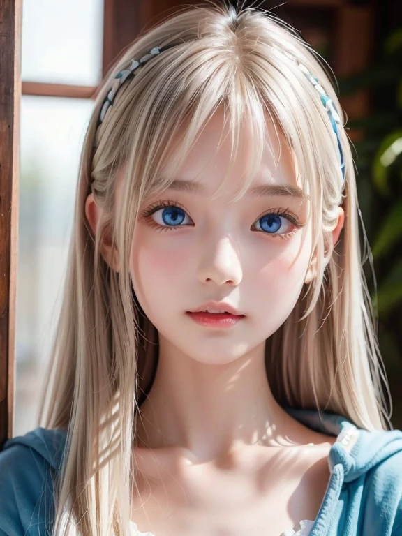 Transparent white glossy skin、Wind-blond hair falls in front of her pretty face、Ample Bust、Cute 15 year old blonde beauty、Beautiful Face、Beautiful super long straight hair that stands out、Big, bright, light blue eyes that shine beautifully、Silky bangs that cover large eyes, Sexy face hiding hair super long hair sexy、Cute young woman with long natural blonde shiny light hair、Round face