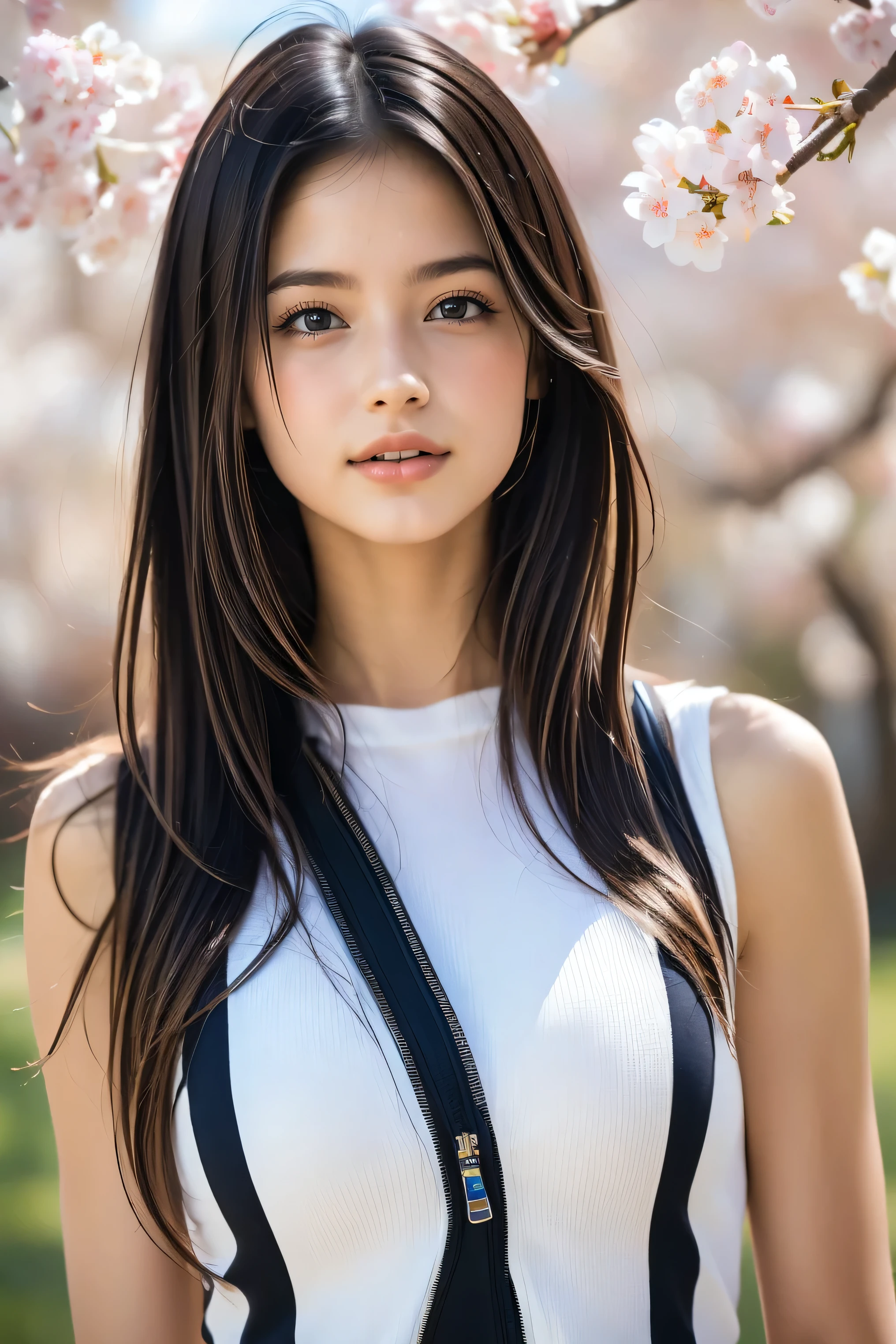 (8k, RAW photo,top quality, high resolution:1.1), (超realisticな:1.4),(realistic, realistic:1.3),Japanese beauty、Rhythmic Gymnastics Club、rhythmic gymnastics uniform、((upper body:1.3))、The background is a row of cherry blossom trees and a cherry blossom dance