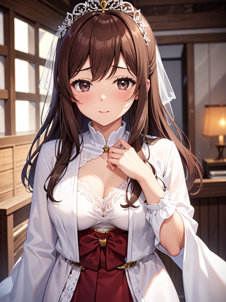 masterpiece,best quality, highres, yunyun1, 1girl, red eyes, solo, braid, long hair, large breasts, hair ornament, black hair, hair bow, crown braid, brown hair, twintails, wedding dress, bridal veil, church, smile,