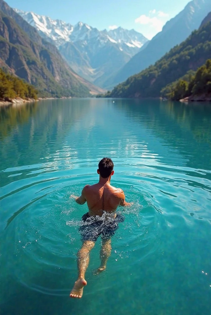 Messi is swimming in a beautiful River