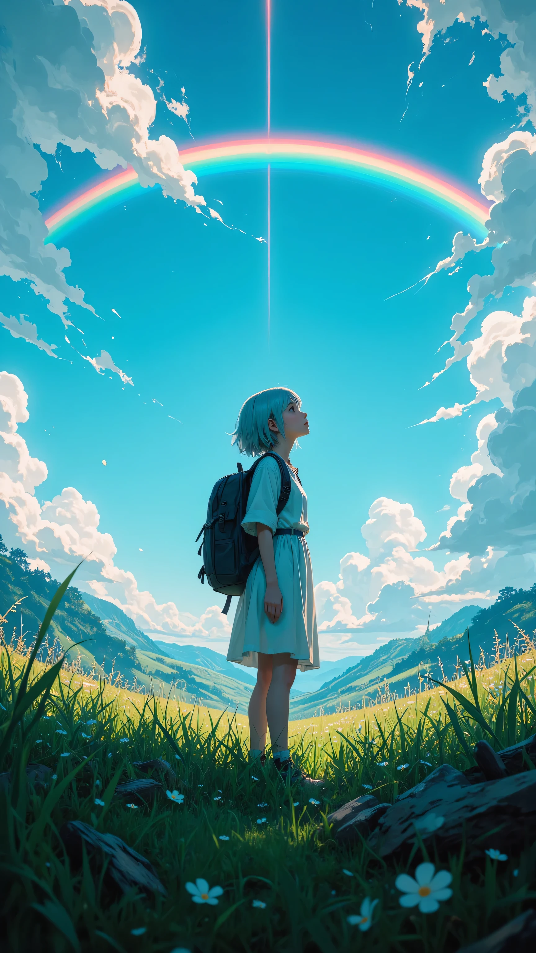 A woman standing in a field looking up at a rainbow - SeaArt AI
