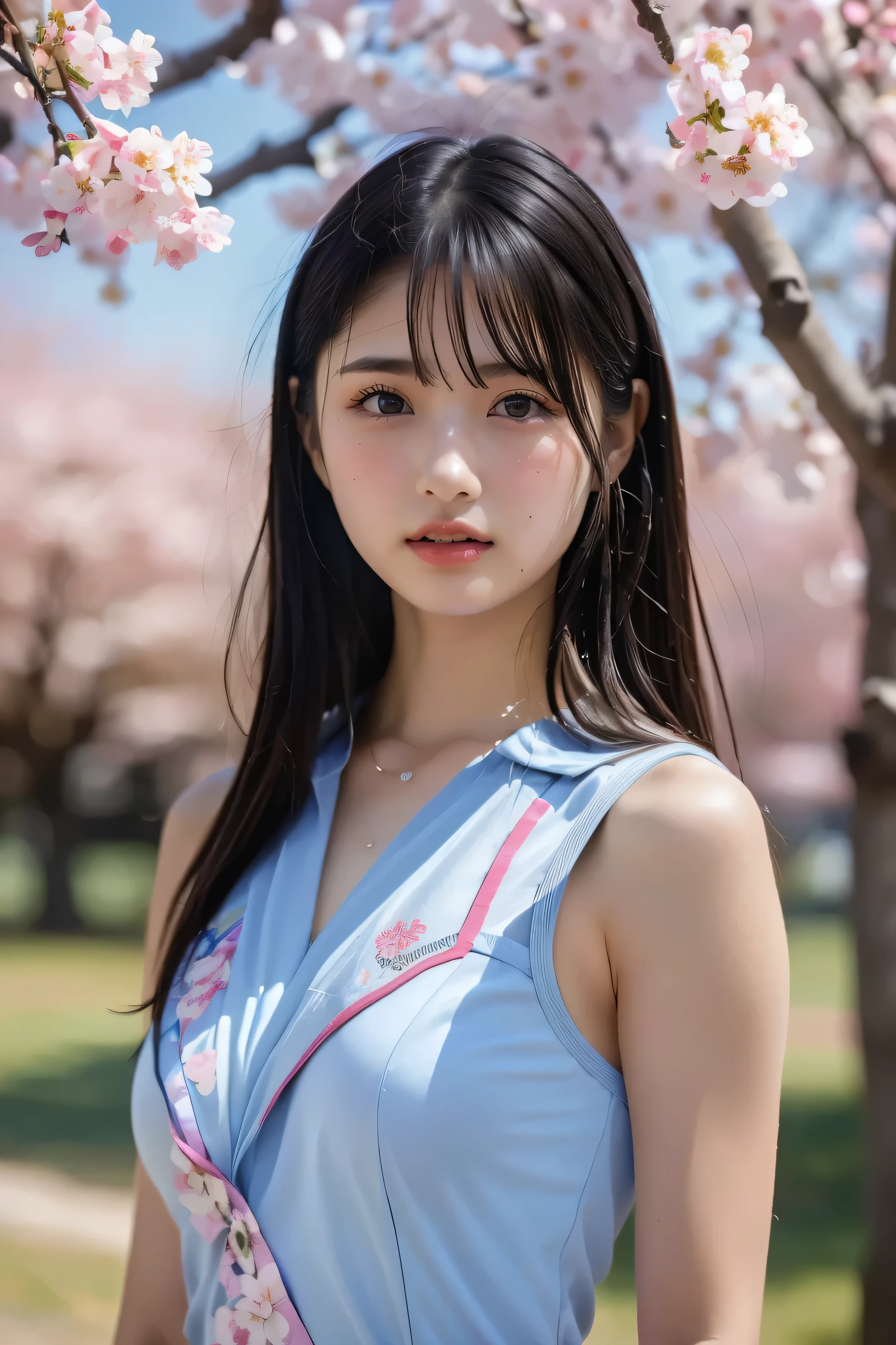 (8k, RAW photo,top quality, high resolution:1.1), (超realisticな:1.4),(realistic, realistic:1.3),Japanese beauty、Rhythmic Gymnastics Club、rhythmic gymnastics uniform、((upper body:1.3))、The background is a row of cherry blossom trees and a cherry blossom dance