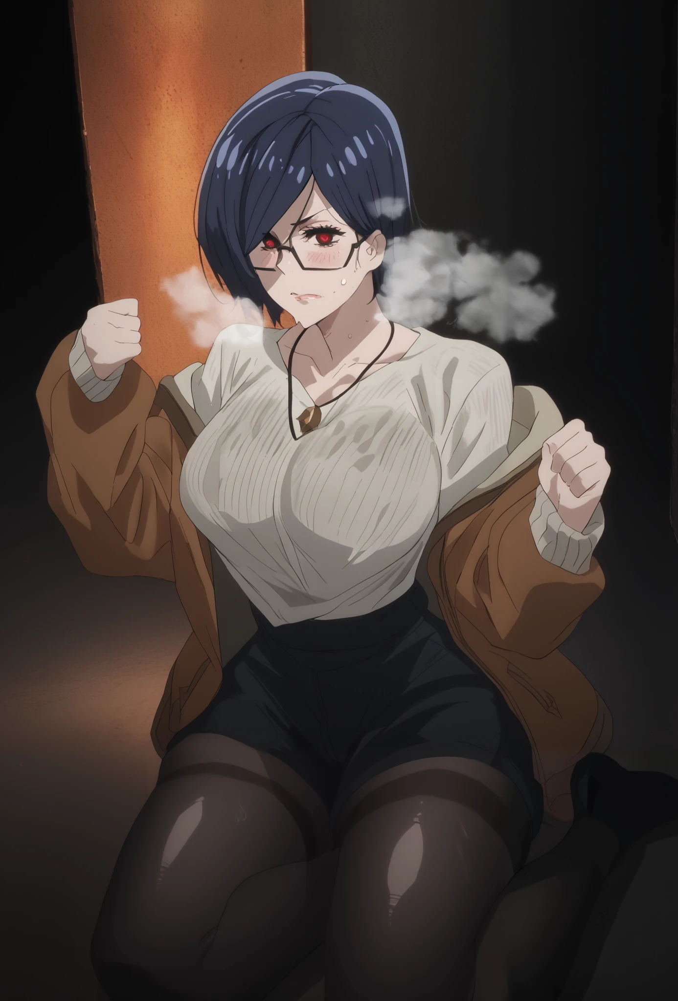 score_9, score_8_up, score_8, score_7_up, kirishima touka, blue hair, hair over one eye, black sclera, red eyes, bright pupils, anime coloring, anime screencap, (voluptuous:1.3), (thick:1.3), BREAK UHD, retina, masterpiece, accurate, anatomically correct, textured skin, super detail, high details, high quality, award winning, best quality, highres, 4K, excessive sweating, sweating, sweating drop, (gasping, heavy breathing:1.3), (skindentation:1.2), perfect eyes, beautiful eyes, eyelashes, makeup, detailed body, perfect body, BREAK, (embarrassed, disgusting face:1.3), 1girl, breasts, nipples, glasses, jewelry, necklace, solo, jacket, pantyhose, sitting, sweat, open_clothes, blush, looking_at_viewer, collarbone, black_pantyhose, long_sleeves, overalls, shirt