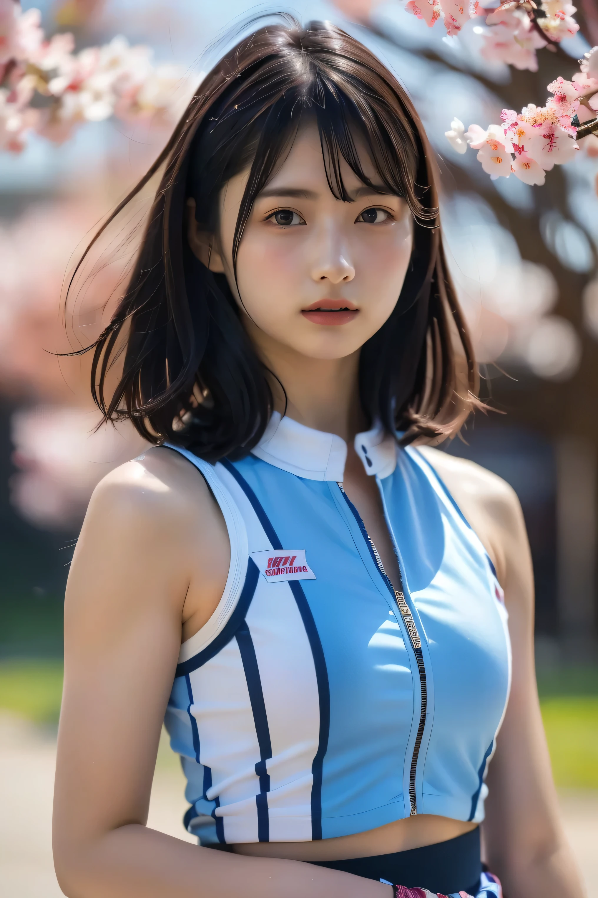 (8k, RAW photo,top quality, high resolution:1.1), (超realisticな:1.4),(realistic, realistic:1.3),Japanese beauty、Rhythmic Gymnastics Club、rhythmic gymnastics uniform、((upper body:1.3))、The background is a row of cherry blossom trees and a cherry blossom dance