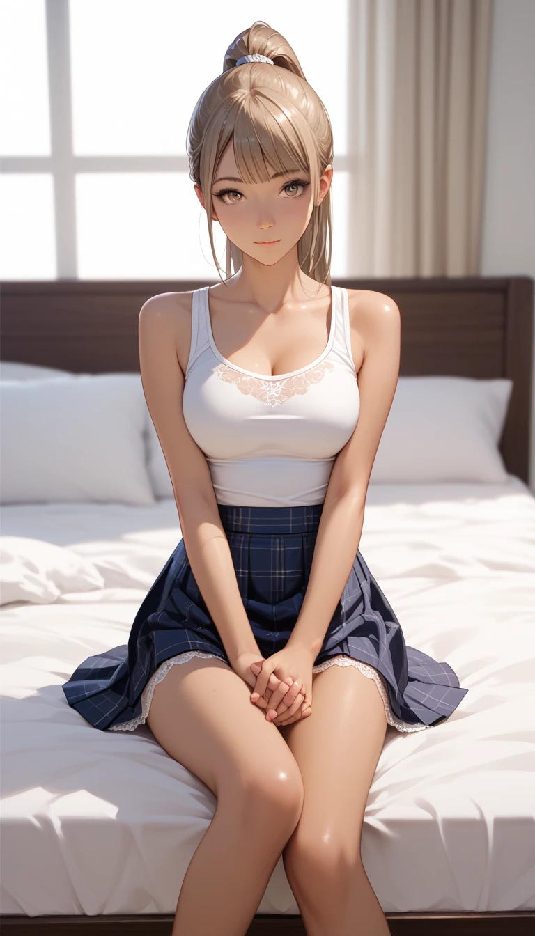 (Increase contrast)、(Increase saturation)、(27 year old super beautiful girl)、(Fair skin)Beautiful woman with perfect figure、Cute Face、long hair、Realな目、Natural Makeup、Beautiful details、(Realistic Skin)、Beautiful Skin、Charm、Ultra-high definition、超Real、Real、Very detailed、、bangs)、(White tank top、Cleavage、Round and firm breasts)((Very short mini skirt、Knee-high socks)) Brown Hair、((On the bed、sleep、、Leg spread、))、Shot from the leg