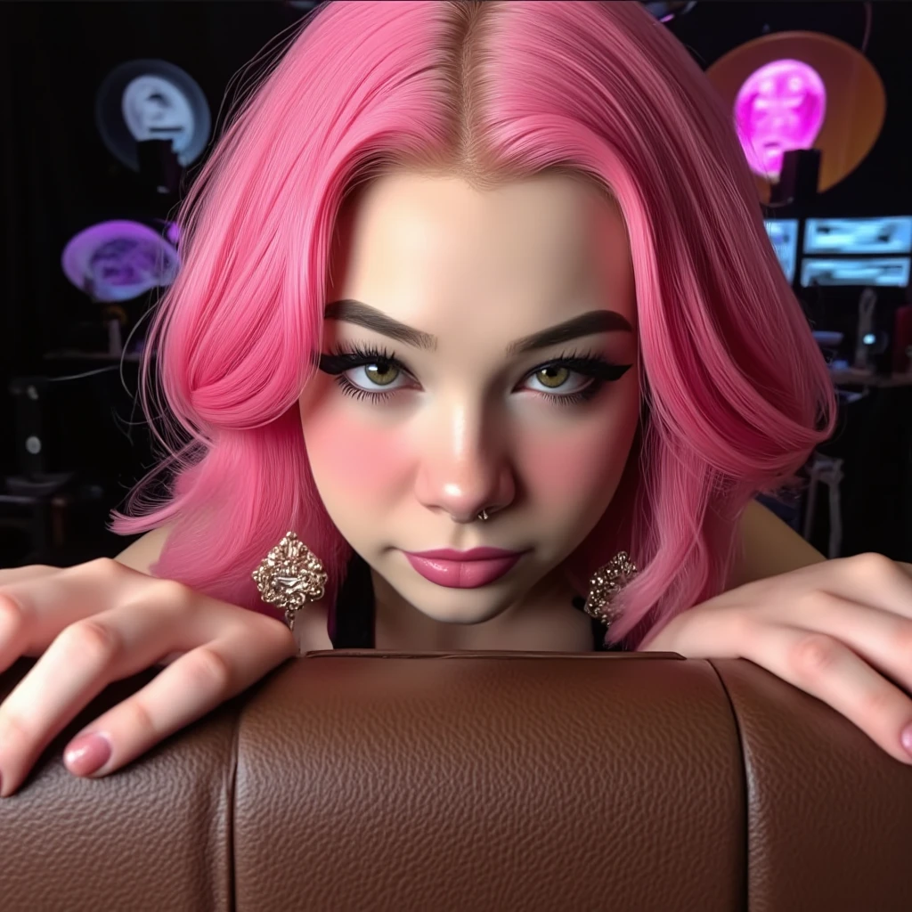 a beautiful young woman, (1girl:1.2), detailed face, detailed eyes, detailed lips, long eyelashes, colorful sheer fabrics, bright colored hair, erotic dance, seedy candyland bar, dangerous crowd, cinematic lighting, vibrant colors, neon lights, glowing, dreamlike, surreal, psychedelic, (best quality,4k,8k,highres,masterpiece:1.2),ultra-detailed,(realistic,photorealistic,photo-realistic:1.37) caption at the top or bottom in gun shot letters is 'Good enough to eat!'