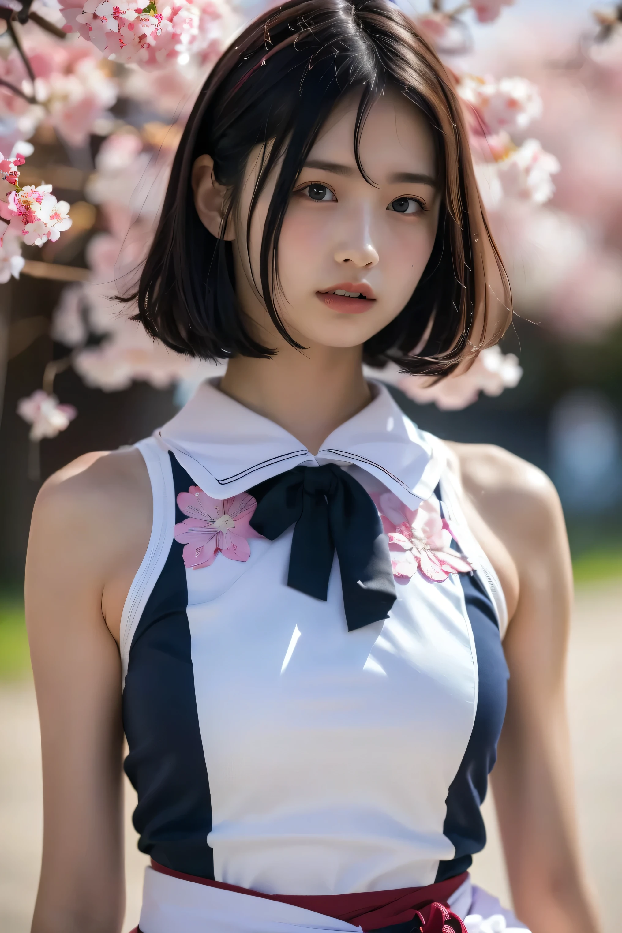 (8k, RAW photo,top quality, high resolution:1.1), (超realisticな:1.4),(realistic, realistic:1.3),Japanese beauty、Rhythmic Gymnastics Club、rhythmic gymnastics uniform、((upper body:1.3))、The background is a row of cherry blossom trees and a cherry blossom dance