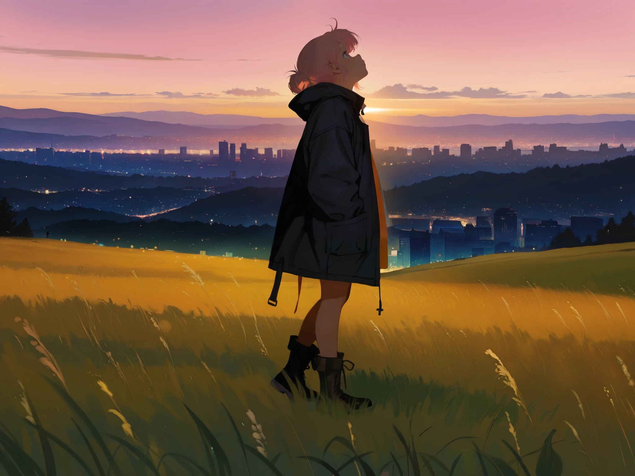 HDR, 8K, high contrast, masterpiece, best quality, amazing quality, very aesthetic, traditional paint artstyle, realistic, newest, aniwall, anime, aesthetic, 8k wallpaper, detailed. 748cm style
BREAK
golden hour, a girl looking up, standing in a grass field, city in background, centered, oil painting, with visible brushstrokes, composition is dynamic, strong visual focus, pastel-like colors, slightly golden-tone lighting, atmospheric, outdoors. cool colors