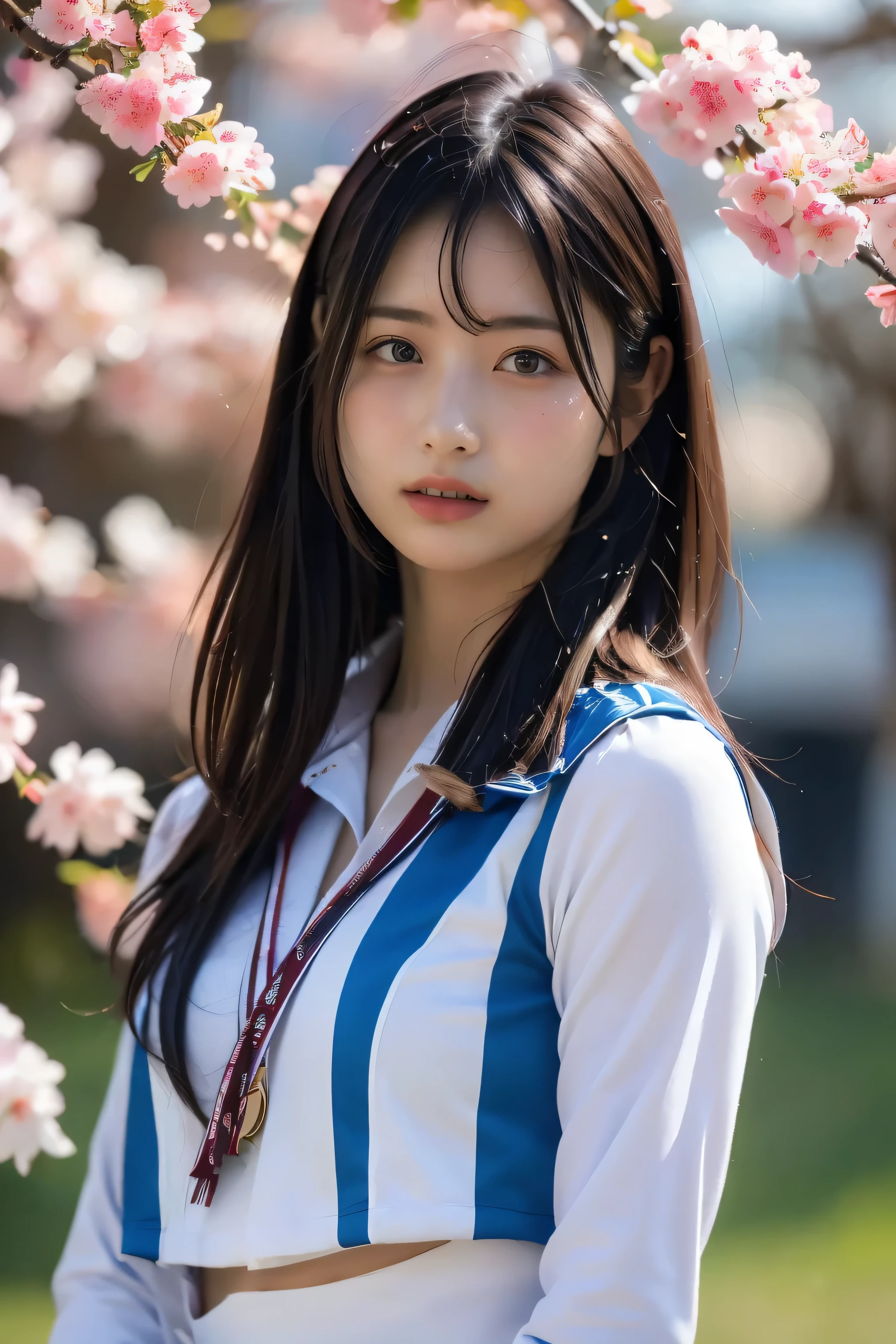 (8k, RAW photo,top quality, high resolution:1.1), (超realisticな:1.4),(realistic, realistic:1.3),Japanese beauty、Rhythmic Gymnastics Club、rhythmic gymnastics uniform、((upper body:1.3))、The background is a row of cherry blossom trees and a cherry blossom dance