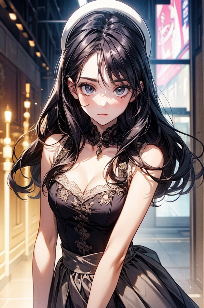 ((Biologically correct limb count))、(( Full-body photo including face))、4K、((Standing position))、masterpiece、((Focus on the face))、((Symmetrical facial features))、Eye for detailed depiction、Beautiful blue-haired woman、Excellent style、Beautiful clavicle、Beautiful feet、Beautiful Hands、Slender body、(Black Stockings、garter belt、High heels)、Facial detailing、Small earrings、necklace、(No sleeve、red gothic dress)、tie、Seductive posture、((She is sitting with her buttocks thrust back and her upper body arched, looking up.))、Looking at the night view、(Low - Angle、A camera angle that captures the inside of a skirt from below)、(((Black Hair、Silver Hair)))、(((Crying face)))、((Face forward and stick your chin out))、Close-up photo of the upper body、