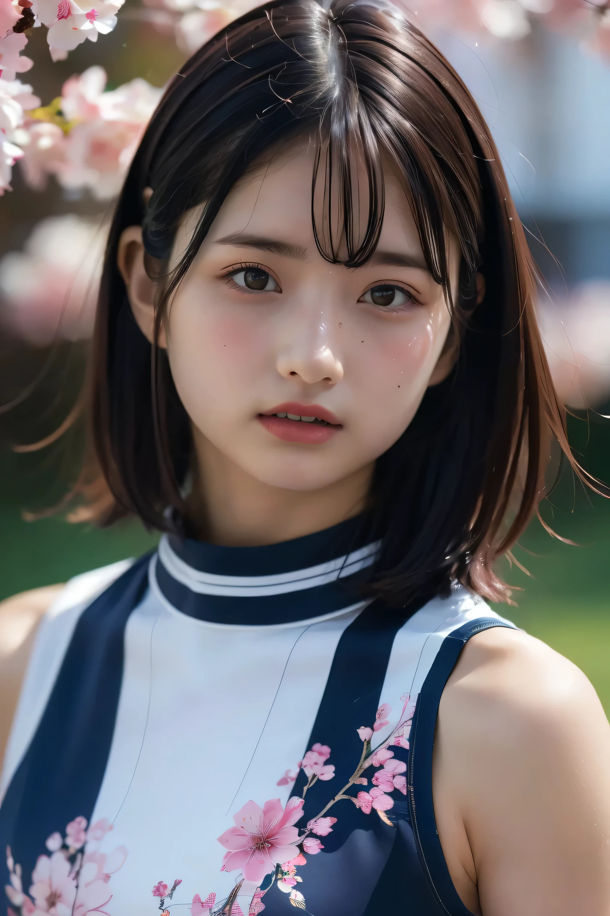 (8k, RAW photo,top quality, high resolution:1.1), (超realisticな:1.4),(realistic, realistic:1.3),Japanese beauty、Rhythmic Gymnastics Club、rhythmic gymnastics uniform、((upper body:1.3))、The background is a row of cherry blossom trees and a cherry blossom dance