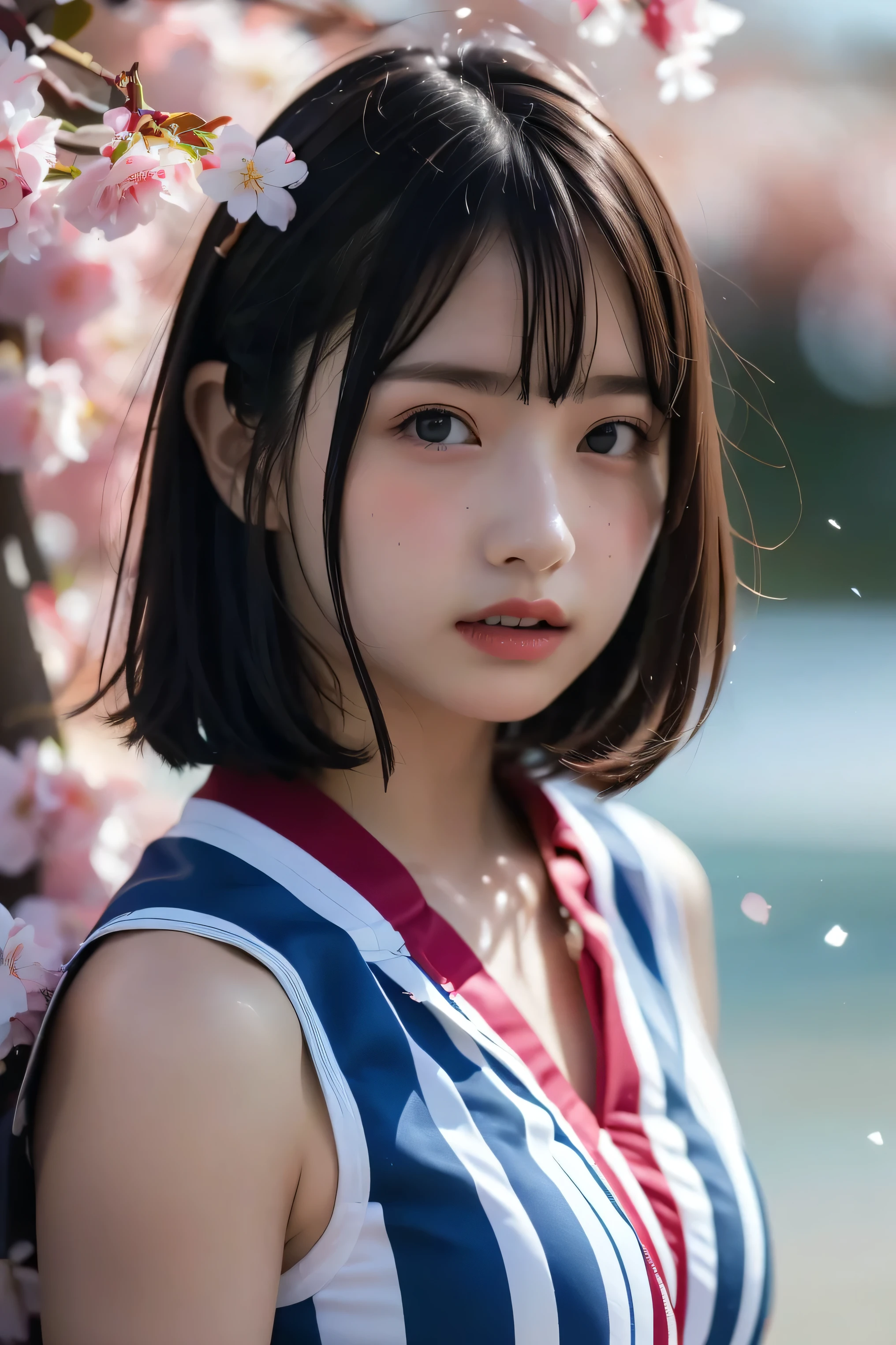 (8k, RAW photo,top quality, high resolution:1.1), (超realisticな:1.4),(realistic, realistic:1.3),Japanese beauty、Rhythmic Gymnastics Club、rhythmic gymnastics uniform、((upper body:1.3))、The background is a row of cherry blossom trees and a cherry blossom dance
