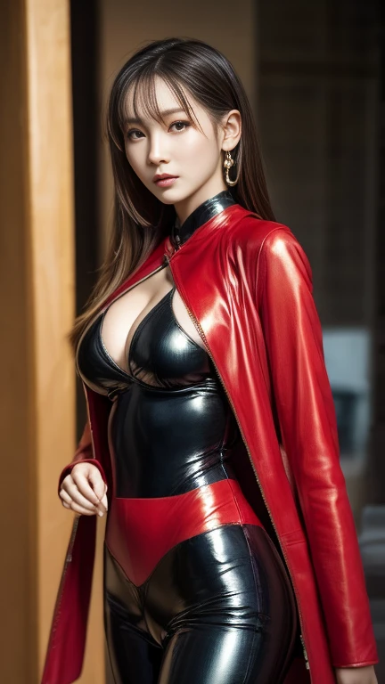 8k resolution, exquisite facial features, perfect face, superman, superhero, star symbol on the chest, cloak on the back, lines on the forehead, a female figure, a beautiful lady, shiny skin, high detail, higher quality, Bishōjo, long golden hair, tight leather clothes, (latex bodysuit), (big breakthroughs)), gym, delicate face, {{illustration}}, {extremely delicate and beautiful}, {exquisite makeup}, {{Girls in red Skin-tight garment}}, super meticulous, (black and red stripes on the clothes), delicate and luminous eyes, red leather clothes, tights, {{movie light}}, street, extreme light effect