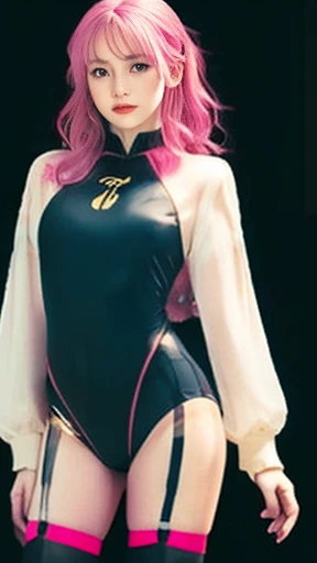 (female:1.2) (bodybuilder:0.8), hyper realistic, masterpiece, photorealistic, realskin, detailed face, detailed skin, detailed lighting, 1girl, frizzy hair, pink hair, large breasts, holding magic wand, black dress, smiling