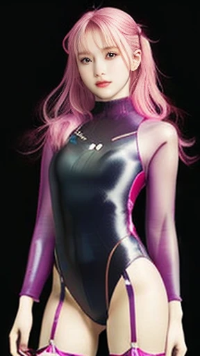 "A girl wearing a semi-transparent anime-style bodysuit with a lot of exposed skin, and flashy patterned shorts that expose her navel. Her entire skin is covered with art paint. She has a sexy face and figure. The girl is looking up and winking at the camera. She is turning her head to look back, slightly sticking out her butt, and I am looking down at her from a slightly elevated angle, with the composition centered around her face. The background is a space colony."