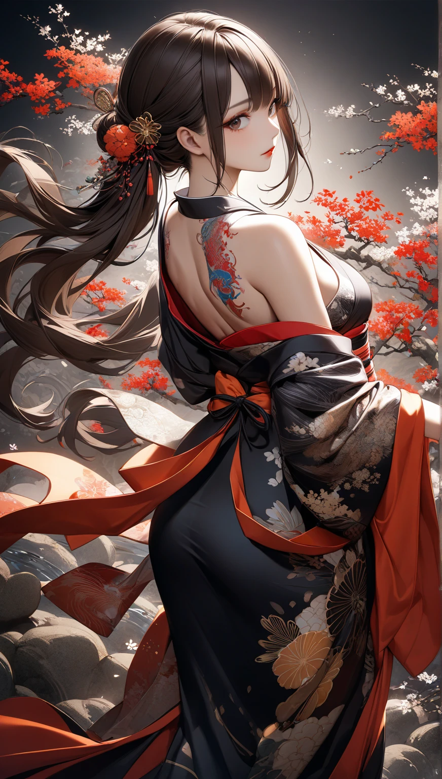 (abstract artistic:1.4), tmasterpiece, best qualtiy, Ultra-high resolution, big breasts beautiful, Visually stunning, (1girll:1.2), crimson themed, dark red color, Bleeding red, Halo, looking at viewert ,full bodyesbian,high-heels,woman,nvshen,dunhuang,Hanfu,Red and gold dress,(tmasterpiece,top Quority,best qualtiy,offcial art,Beauty and aesthetics:1.2),Charming mature woman,The is very detailed,(s fractal art:1.1),(a color:1.1)(blossoms:1.3),Most detailed,( zentangle:1.2), (Dynamic pose), (abstract backgrounds:1.3), (Chinese Traditional Cloth:1.2), (Shiny skin), (many color:1.4), ,(Earrings:1.4),((fashion icon|Fashionistas|1 Fashionista(individually)|trendsetter|Mannequin)),Ancient Chinese clothing, full bodyesbian, rays of sunshine, Clear face,((best qualtiy)), ((tmasterpiece)), (the detail:1.4), hdr(HighDynamicRange),Ray traching,NVIDIA RTX,Hyper-Resolution,Unreal 5,Subsurface scattering、PBR Texture、post-proces、Anisotropy Filtering、((Best quality)), ((Masterpiece)), (Highly detailed:1.3),Masterpiece, Best quality, Translucent skin, (tmasterpiece,best qualtiy,realisticlying:1.37),(Complex and sophisticated,Highly detailed skin and face),(Complex and sophisticated,high detailed hand), Clear face, tmasterpiece, super detailing, Epic composition, hyper HD, high qulity, extremely detaile, offcial art, Uniform 8K wallpaper, super detailing,High resolution CG,depth of fields、maximum definition and sharpness、Many-Layer Textures、Albedo e mapas Speculares、Surface coloring、Accurate simulation of light-material interactions、rendering by octane、Two-colored light、largeaperture、Low ISO、White balance、the rule of thirds、8K raw data,Little ass,,long leges,Little ass,Indifferent eyes,Realistic art,Dominatrix,femdom,high ponytails,high and cold,A look of contempt,180cm tall