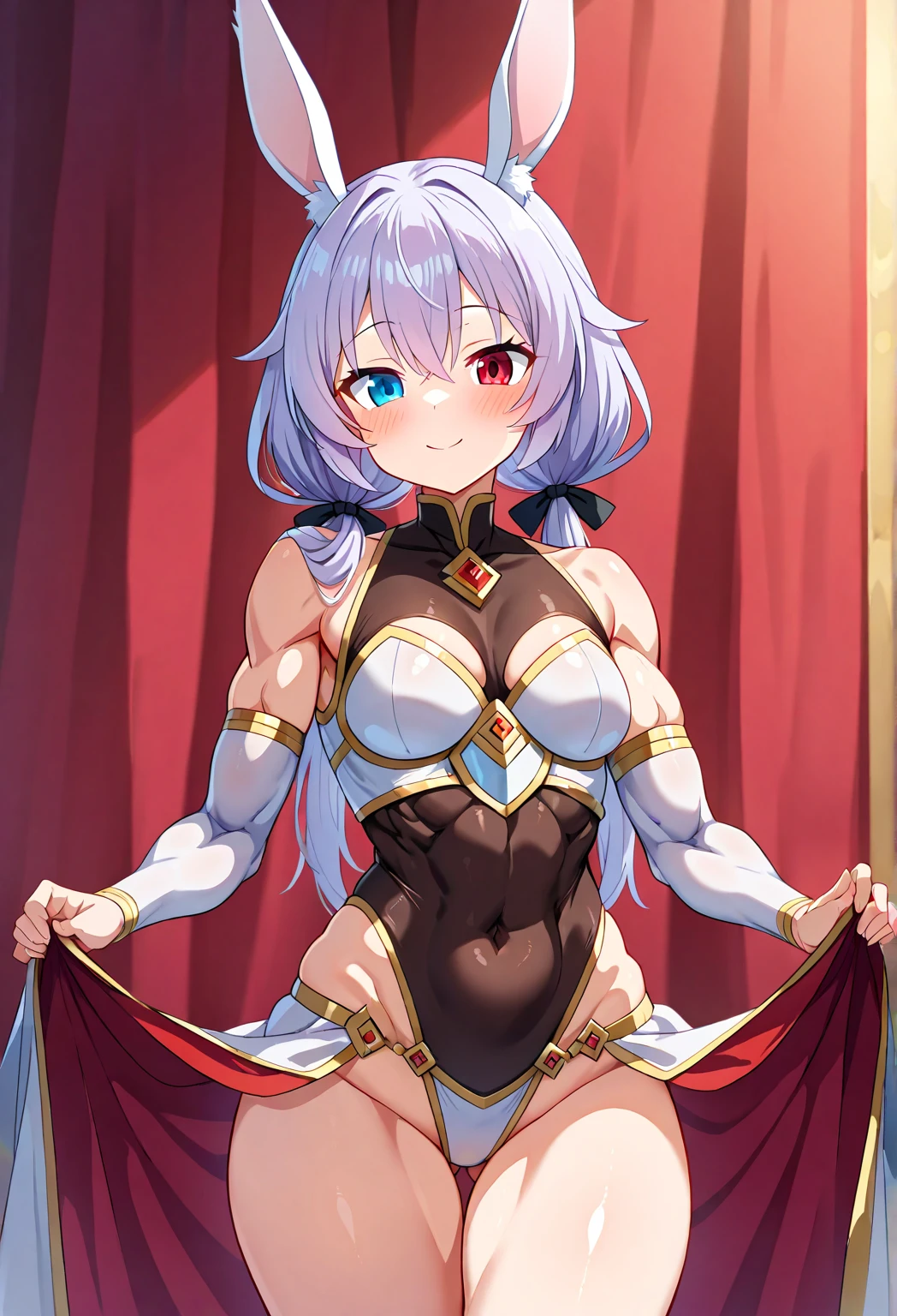(((1 girl adolescente))), ninym ralei, (Red eyes: 1.5), White hair, (White hair: 1.1), yellow hair ornament, (yellow hair ornament: 1), black bow tie with gold, (blue bracelets, (blue bracelets: 1.2)), white gloves, (blue bikini corto apretado, (((blue bikini: 1.1))), (black thighs, (black thigh stockings)), has, (muscular belly), muscular abs, Wide hips, Thin waist, {{small breasts}}, (((pose sexy))), {{{sitting abriendo las piernas mostrando su apretado coño por culpa del bikini}}}, (((showing her tight pussy through the bikini))), (((sitting))), {{{Full body photo}}}, {sitting encina de una mesa de madera}, happy, open mouth smile, REST, looking at the viewer , breaking and entering, old study room, {study room with an antique wooden desk}, interval (masterpiece: 1.2), Best Quality, highest resolution, unity wallpaper 8k, (illustration: 0.8), (beautiful detailed eyes: 1.6), (extremely detailed face), perfect lighting, Extremely detailed CG, Extremely detailed focus, (perfect anatomy), {anatomically correct}, {{perfect hands, (correct hands)}, {perfect and beautiful}.