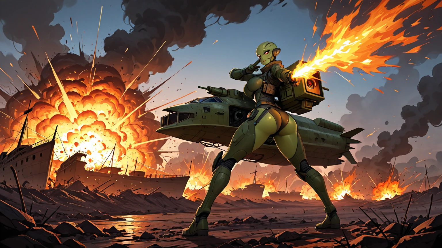 In the foreground is an alien girl looking at the camera, green skin, background The spacecraft crashed, (A ship of enormous size), explosionы, fire, deserted land, explosion, the moment of the crash Battlefield, shrouded in thick smoke, обломки будущих технологий и explosionные вспышки с металлическим оттенком динамичный объектив запечатлеть потрясающий момент крушения