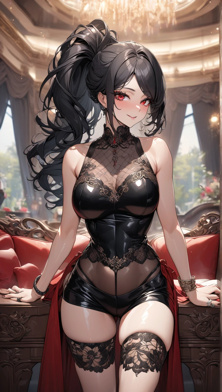 (best quality,masterpiece:1.2,detailed details,4k),((masterpiece)), ((best quality)), (ultra-detailed), anime style,large breast, slim, slender, ashamed, all fours ,Kneeling,Girl with modern gothic makeup, fair skin, long legs, black eyeshadow, camisole, plump figure, earrings and lip studs, fishnet stockings, posing in an attractive pose, lovable expression