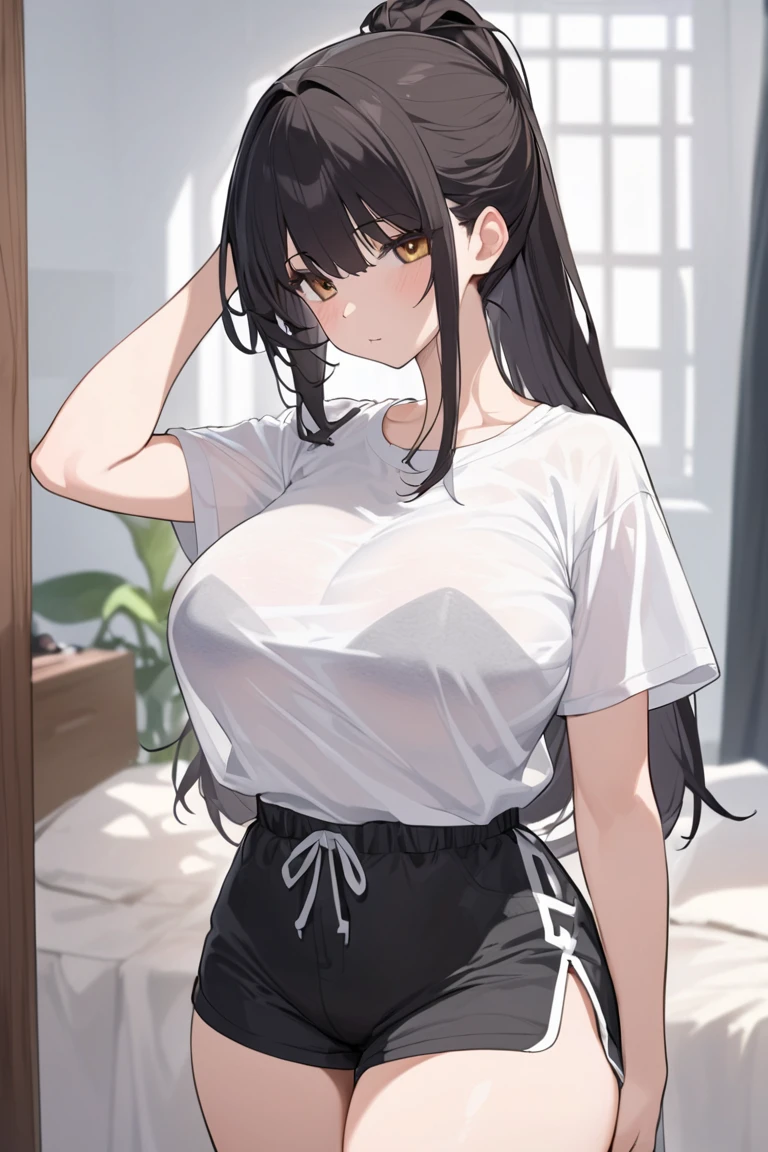 Dark brown hair wawy hair crop top huge breasts beautifoul face and hot posture 16 years two ponytails school outfit