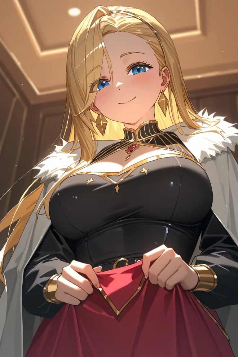 ((masterpiece)), ((best quality)), 1girl, adult, long hair, ((blonde hair)), blonde hair, ((intimidant look)), ((close-up)), green eyes, black and red clothes, sexy, dark colors, brillant eyes, ((coat with fur)), ((wavy hair)), perfect hands, ((sexy pose)), ((intimidant look)), good anatomy, ((dark sage clothes)), ((straight cut bangs)), emotionless, intimidant, ((beautiful eyes)), close up, ((detailed eyes)), beautiful eyes, ((detailed face)), hair bang, frontal look, abs, smile, detailed face, eyepatch, full body