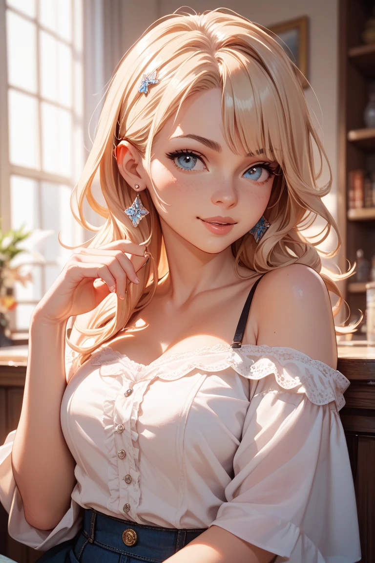 (((masterpiece))), (((best quality))), ((ultra-detailed)), (highly detailed CG illustration), ((an extremely delicate and beautiful)),(cute delicate face),cinematic light, cowboy shot, horror, woman, long blonde hair, curly, swept bangs, huge breasts, school uniform, sitting on desk, cross-legged, mischievous grin, classroom background