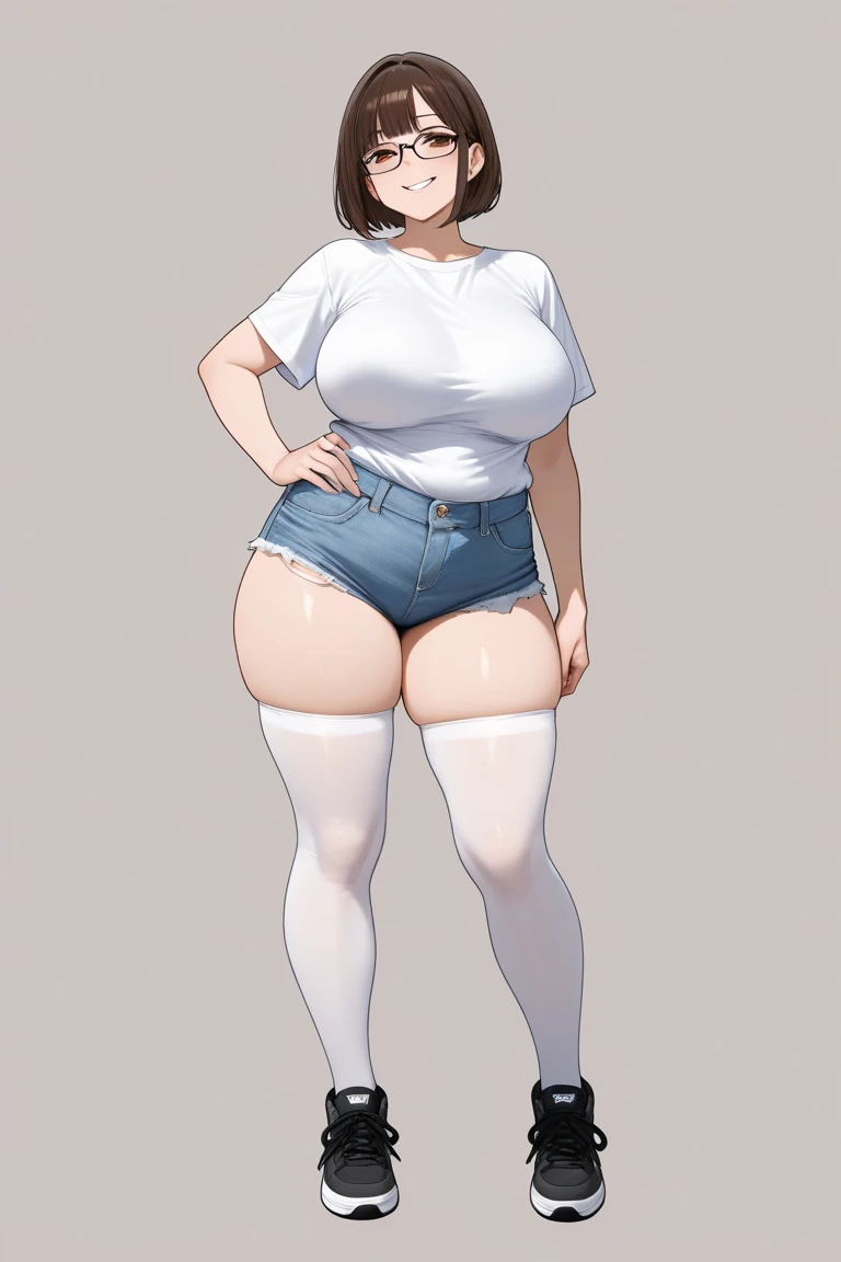 (masterpiece), (best quality), ((ultra-detailed)), (high resolution), (an extremely delicate and beautiful, super fine illustration), official art, BREAK (1girl), (:1.8), (tiny girl:1.6), (8yo)lat chest:1.4), Plump, (Thick thighs:1.8), (big ass:1.5), erect nipples, Huge areola, large nipples, (long nipples:1.4), erect nipples, oily skin, BREAK droopy eyes, (emerald blue eyes:1.3), (bad mood:1.5), (clear face:1.5), (half closed eyes:1.8), BREAK (bob cut:1.3), tired hair, messy hair, blue colored inner hair, Black hair color, (girl wearing round black glasses), BREAK (white Bodystocking:1.7), (cropped black jacket:1.3), (micro shorts:1.5), (sneakers), (front view:1.5), full body,