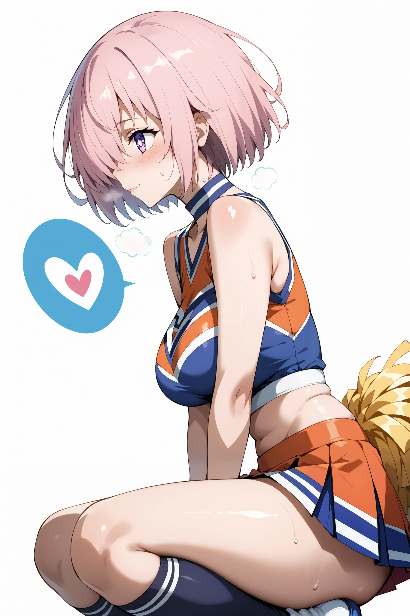 score_9, score_8_up, score_7_up, source_anime, 4K,perfect fingers,(perfect hands, perfect anatomy),prefect lighting, very aesthetic, intricate details,highly detailed background, masterpiece, high quality, best quality,
1girl, mashkyrielight, mash kyrielight, short hair, purple eyes, pink hair, hair over one eye, large breast,
wearing ((cheerleader, frilled skirt、separate, Knee-high socks、Choker of Hearts, ))
front, Angle from the side、White background, Simple Background、Character portrait, pink heart pupils, White Breath, Sweat,